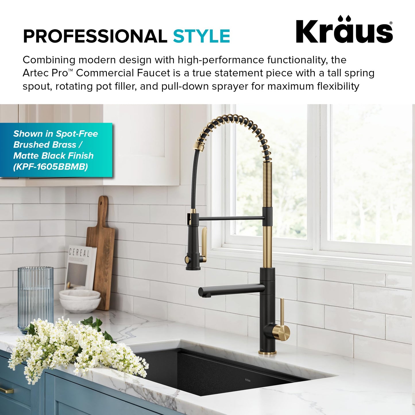 KRAUS Artec Pro Commercial Style 2-Function Single Handle Pull Down Kitchen Faucet with Pot Filler in Spot-Free Stainless Steel/Matte Black, KPF-1605SFSMB