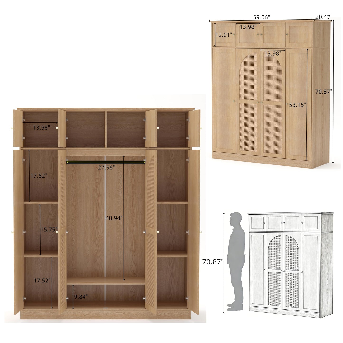 KEIKI Large 8 Doors Wood Wardrobe, Bedroom Tall Armoire Closet Organizer w/Rattan Decorative, Hanging Rails & Adjustable Shelves Clothes Storage Cabinet for Garage & Laundry Room, Brown