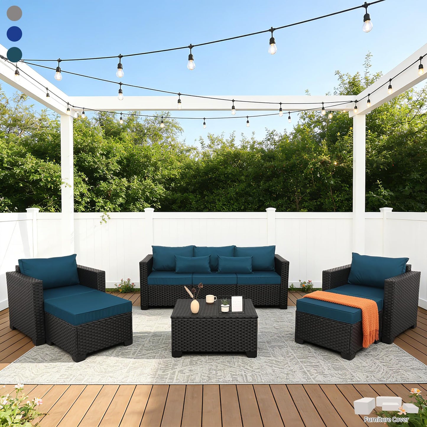 Rattaner Patio Furniture Set 6 Pieces Couch Outdoor Chairs Coffee Table Peacock Blue Anti-Slip Cushions and Waterproof Covers