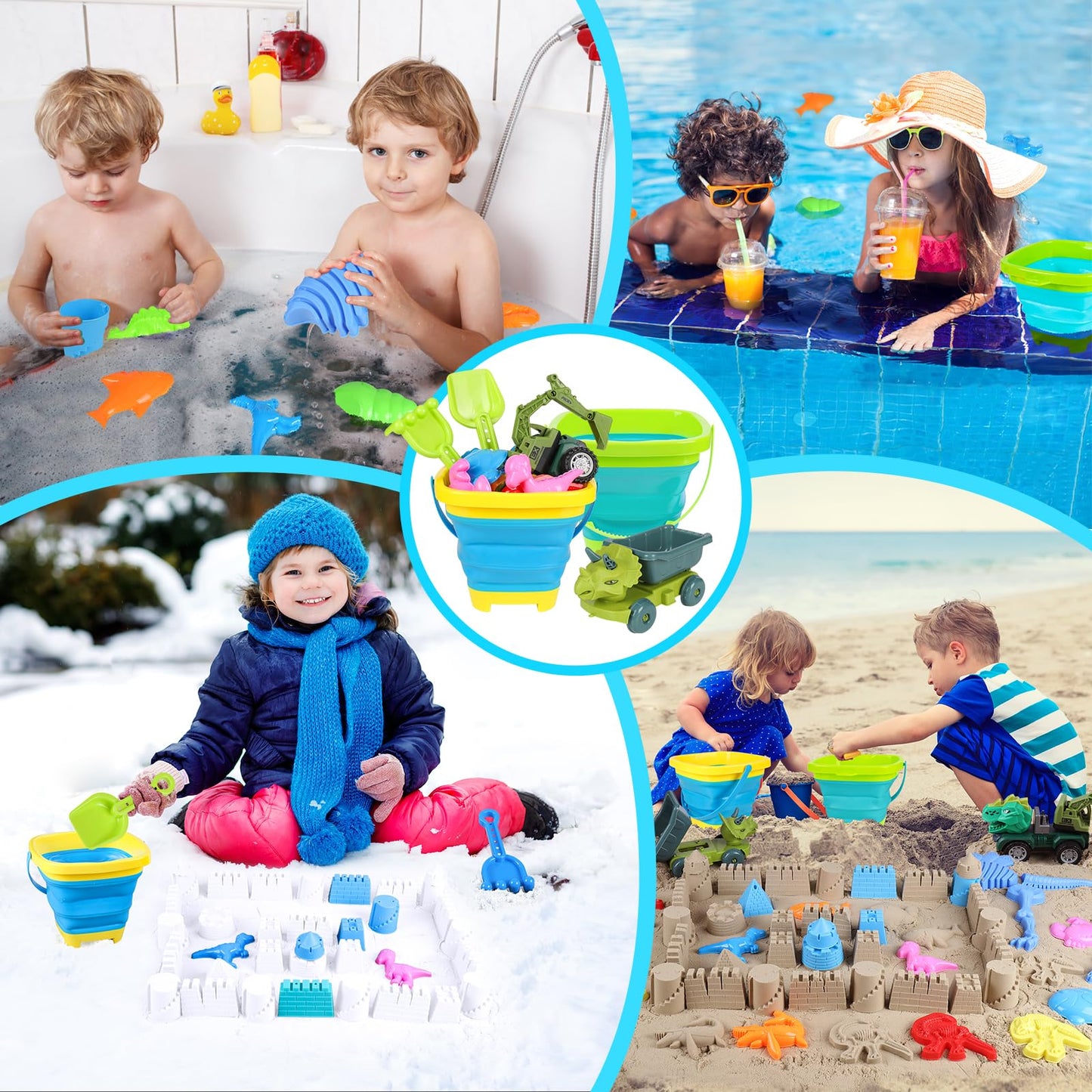Beach Toys, 36Pcs Dinosaur Sand Toys for Kids Toddlers, Sandbox Toys with 2 Truck, Collapsible Beach Bucket, Mesh Bag, Sand Molds, Sand Castle Building Kit, Travel Beach Toy for Kids Toddlers Ages3-12