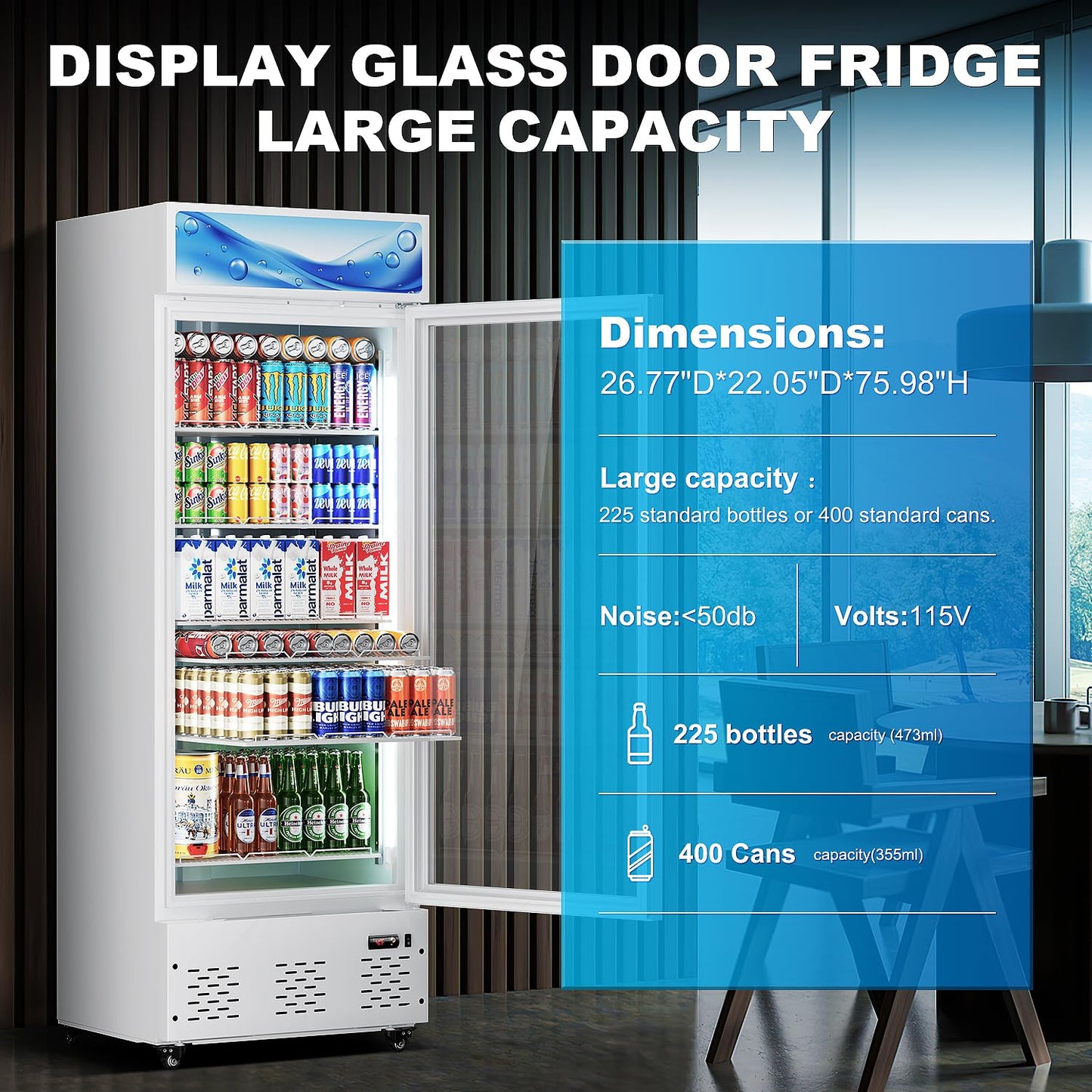 ECEVT 26.8'' W Commercial Beverage Fridge, 15 Cu.ft. Merchandiser Refrigerator Glass Door Upright Display Cooler with LED Light and Adjustable Shelves for Restaurant Grocery Stores Home, White