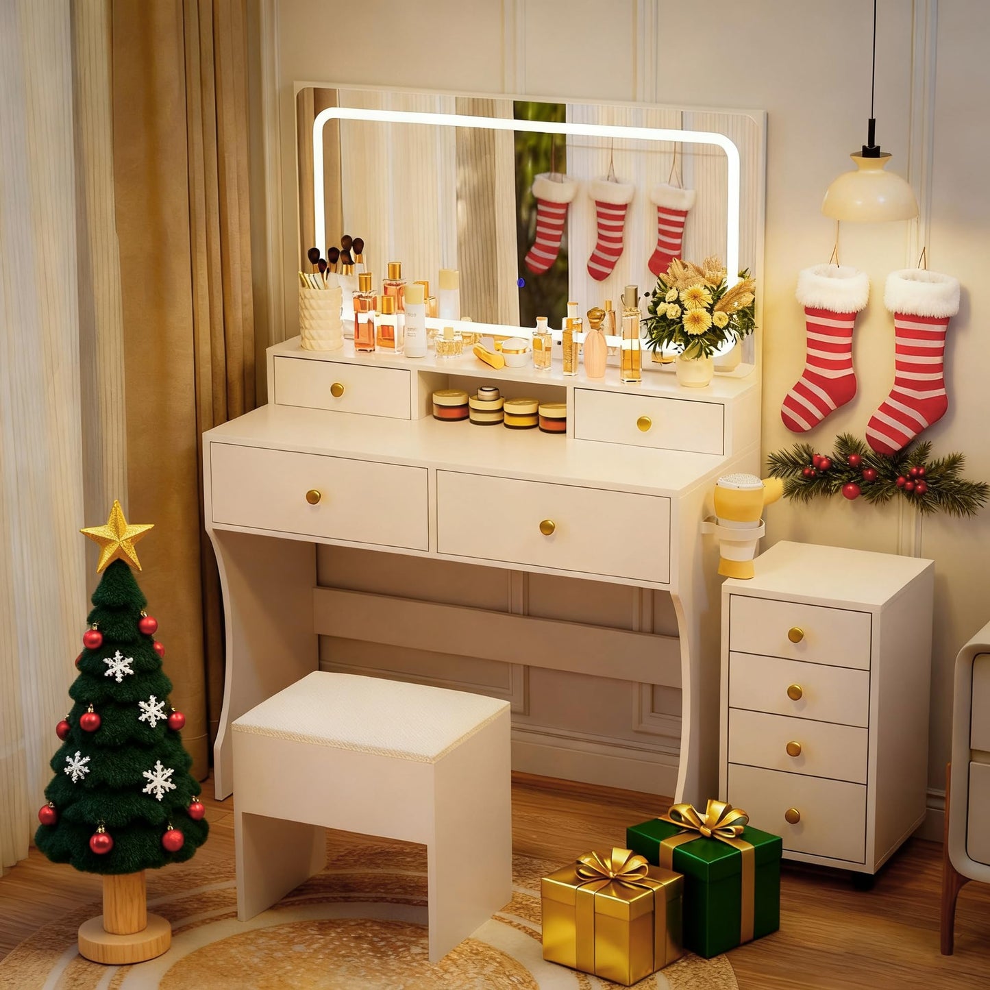 Pamapic Vanity Desk with File Cabinet, 8 Drawers Makeup Vanity with Mirror and Lights,3 Lighting Modes Dressing Table with Chair, Power Outlet, Silent Slides, White