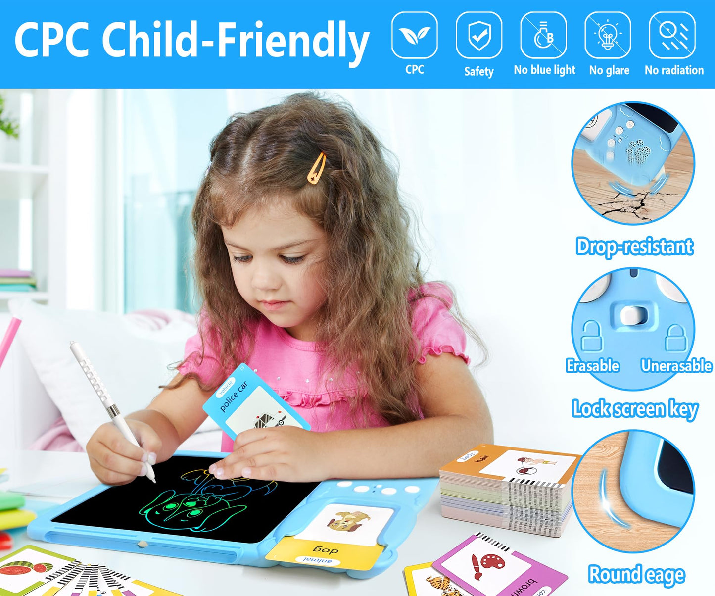 Rylai Toddler Toys Talking Flash Cards, Kindergarten Learning Resources 510 Sight Words with Drawing Tablet for Speaking Doodling, Sensory Toys for Kids with Autism, Boys Girls 2 3 4 5 6, Blue