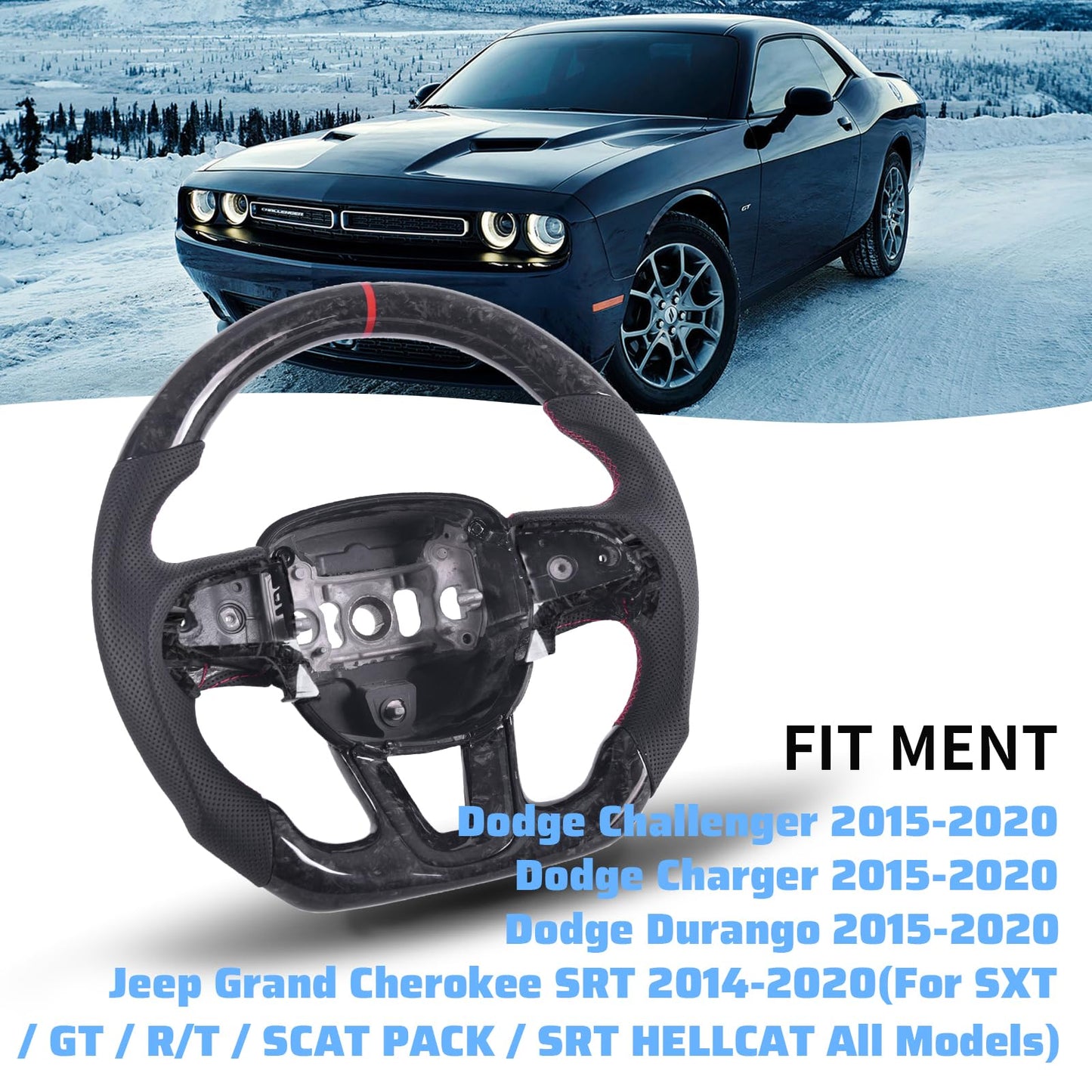 EASSAFEX Forged Carbon Fiber Steering Wheel for Dodge Charger/Challenger/Durango/Jeep Grand Cherokee/SXT/GT/RT/SRT/Heallcat 2015-2020, D-shaped Flat-bottom Perforated Leather Grip with Trim