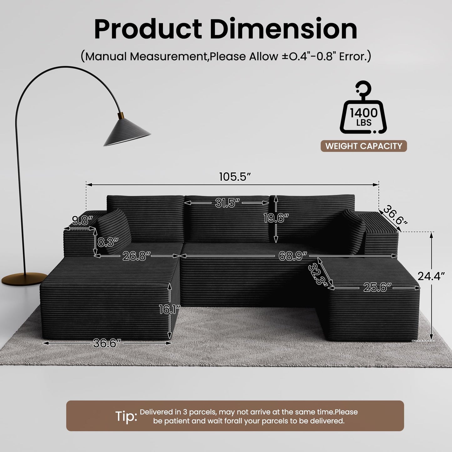 106" Cloud Sectional Boneless Couches for Living Room, Modular U Shaped Couch with Deep Seat, Removable Ottoman, Memory Foam Compressed Spineless 4 Seater Sofa for Bedroom Apartment, Black