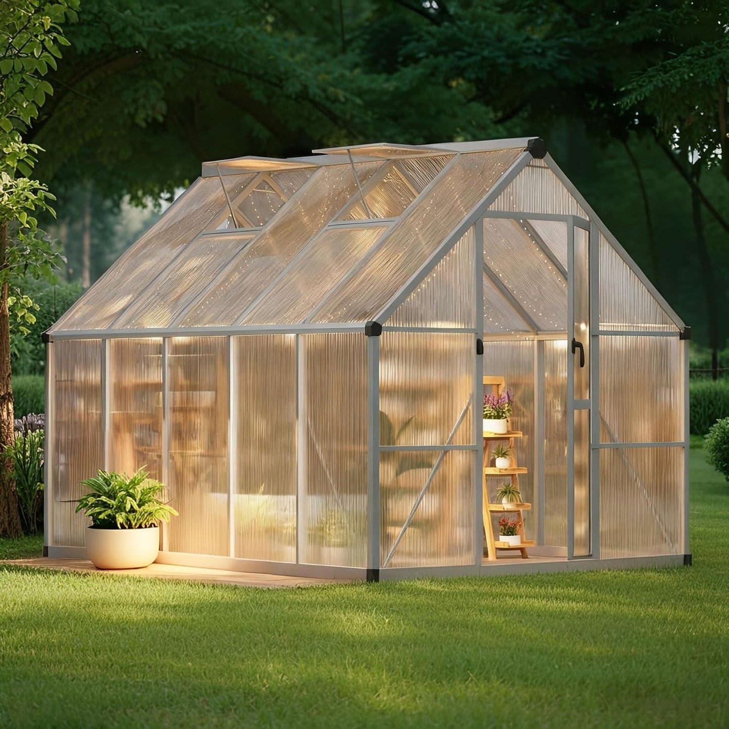 8x10 FT Outdoor Greenhouse, Heavy-Duty Polycarbonate Greenhouses Kit with Adjustable Roof Vent, Reinforced Aluminum Frame Walk-in Green House for Winter & All Seasons Backyard Use
