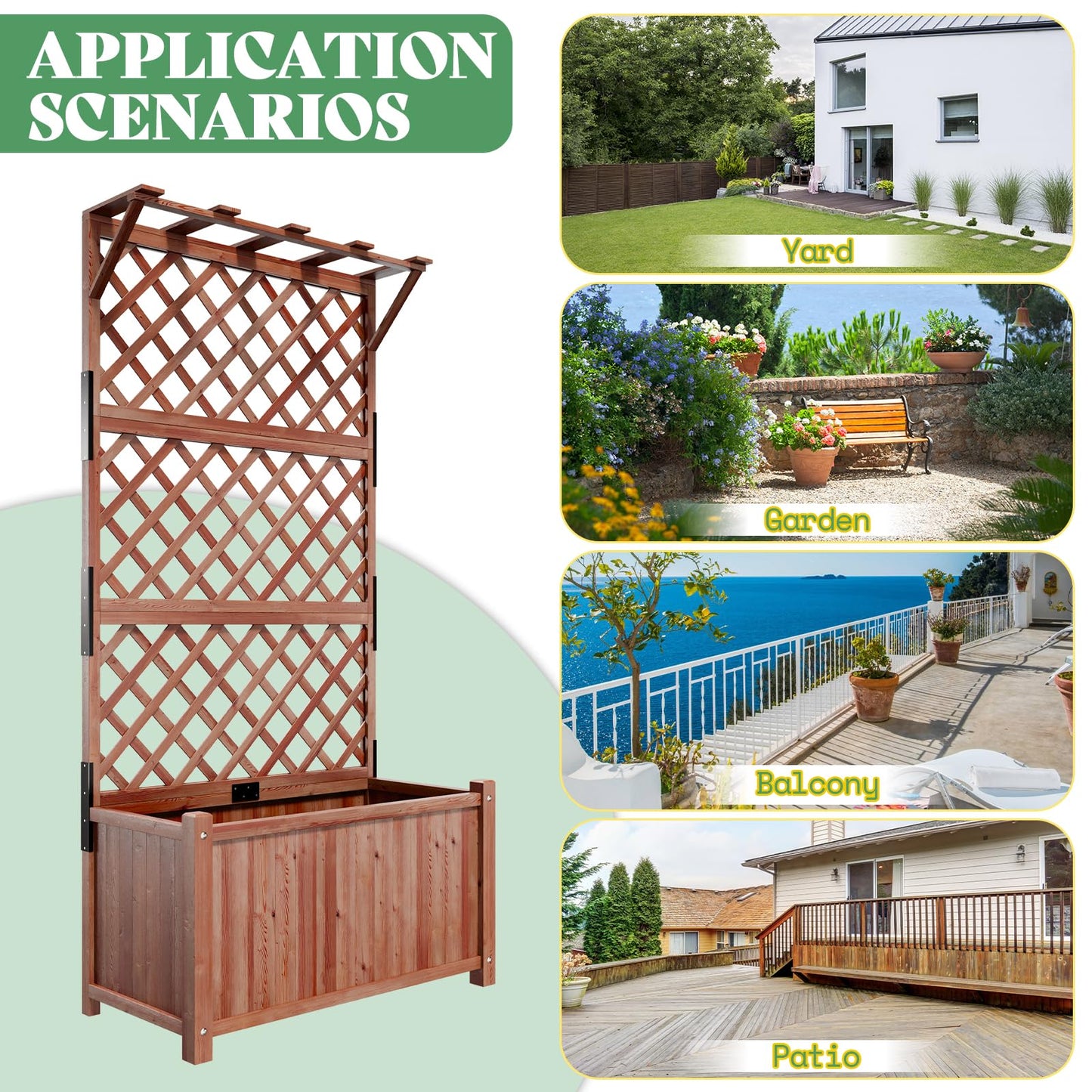AMERLIFE Raised Garden Bed with Trellis for Vegetables, Climbing Plants, Durable Natural Wood Planter Box with Drainage Holes, Privacy Planter for Outdoor Yard & Patio, Easy Assembly