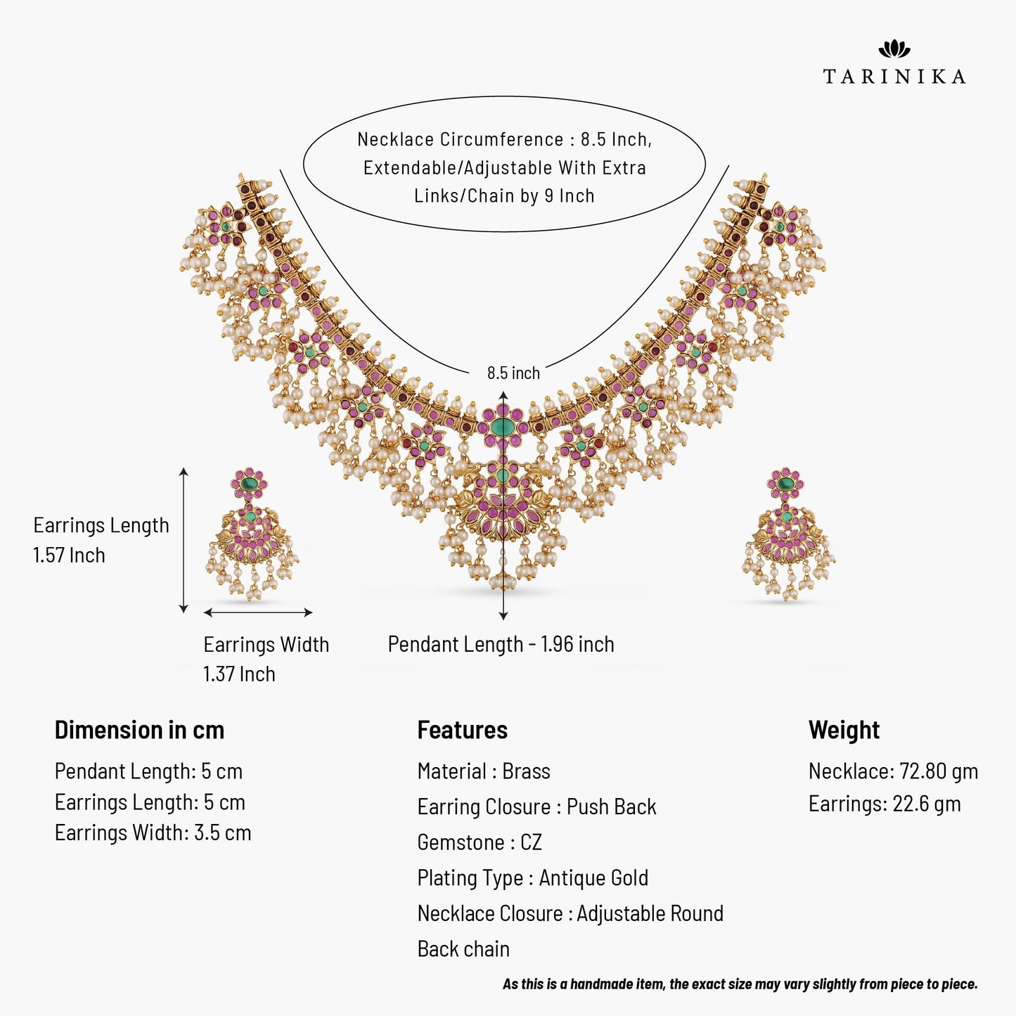 TARINIKA Gold Plated Brass Classic Pearls Guttapusalu Antique Necklace Set for Women With Earrings, Indian Jewelry Set Bollywood Necklace, CZ Stones(White,Red,Green) | 1-Year Warranty*