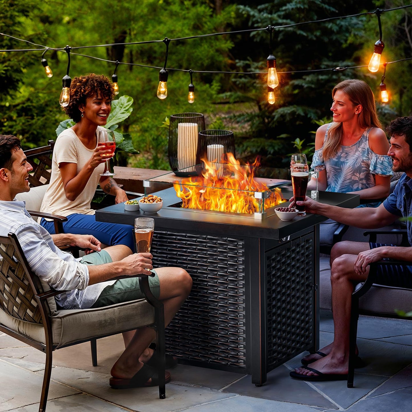 Ciays Propane Fire Pit, 28″ Outdoor Gas Fire Pit, 50,000 BTU Steel Fire Table with Glass Wind Guard, Lid & Lava Rock, Add Warmth and Ambience to Gatherings and Parties On Patio Deck Garden Backyard