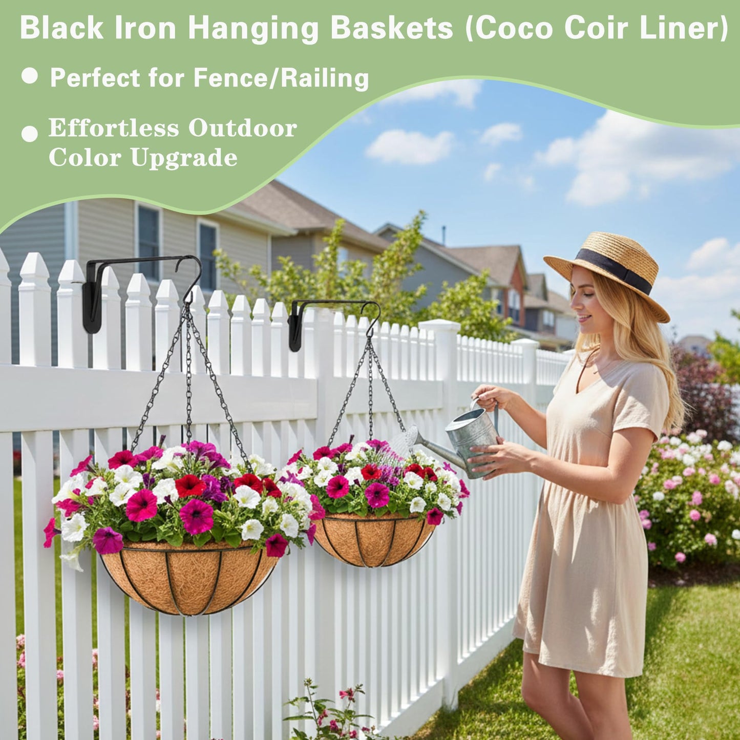 EIMQUVW Outdoor Metal Hanging Planters Basket (4pack, 12 inch) Hanging Baskets for Plants Chain Round Wire Plant Holder with Coco Fiber Liners for Garden, Patio, Deck, Porch
