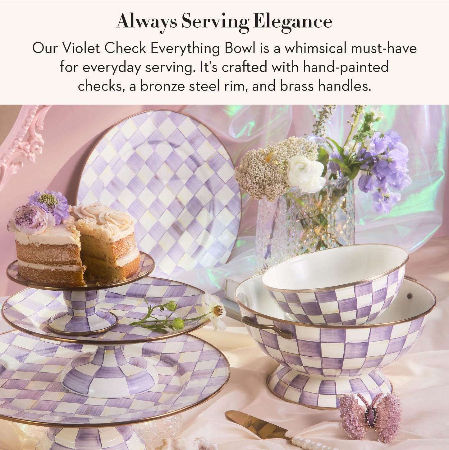 MACKENZIE-CHILDS Enamel Everything Bowl, Serving Bowl for Entertaining, 26-Cup Capacity, Purple-and-White Violet Check