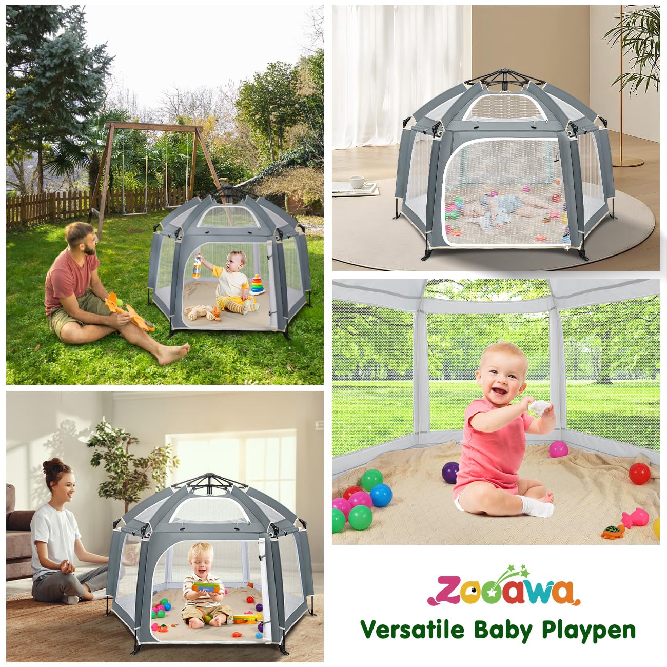 Zooawa Pop Up Playpen for Baby, 150*100 cm(L*H) Playpen for Babies and Toddlers with Removable Sun-Shades& 2 Side UV Covers, Lightweight Outdoor Baby Play pen for Beach Home with Travel Bag,Light Gray