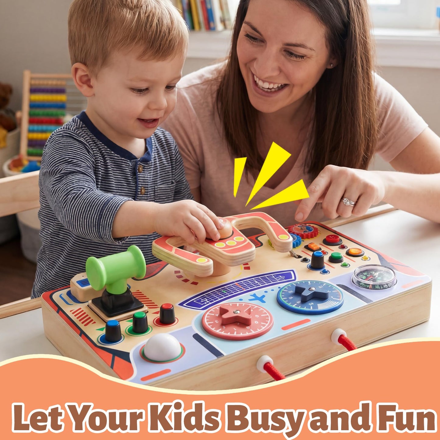 Teekdeer Montessori Busy Board for Toddlers 2-4,Wooden Sensory Steering Wheel Toys with LED Light Switch,Travel Toy Educational Fidget Activity Board for Boys and Girls Gift