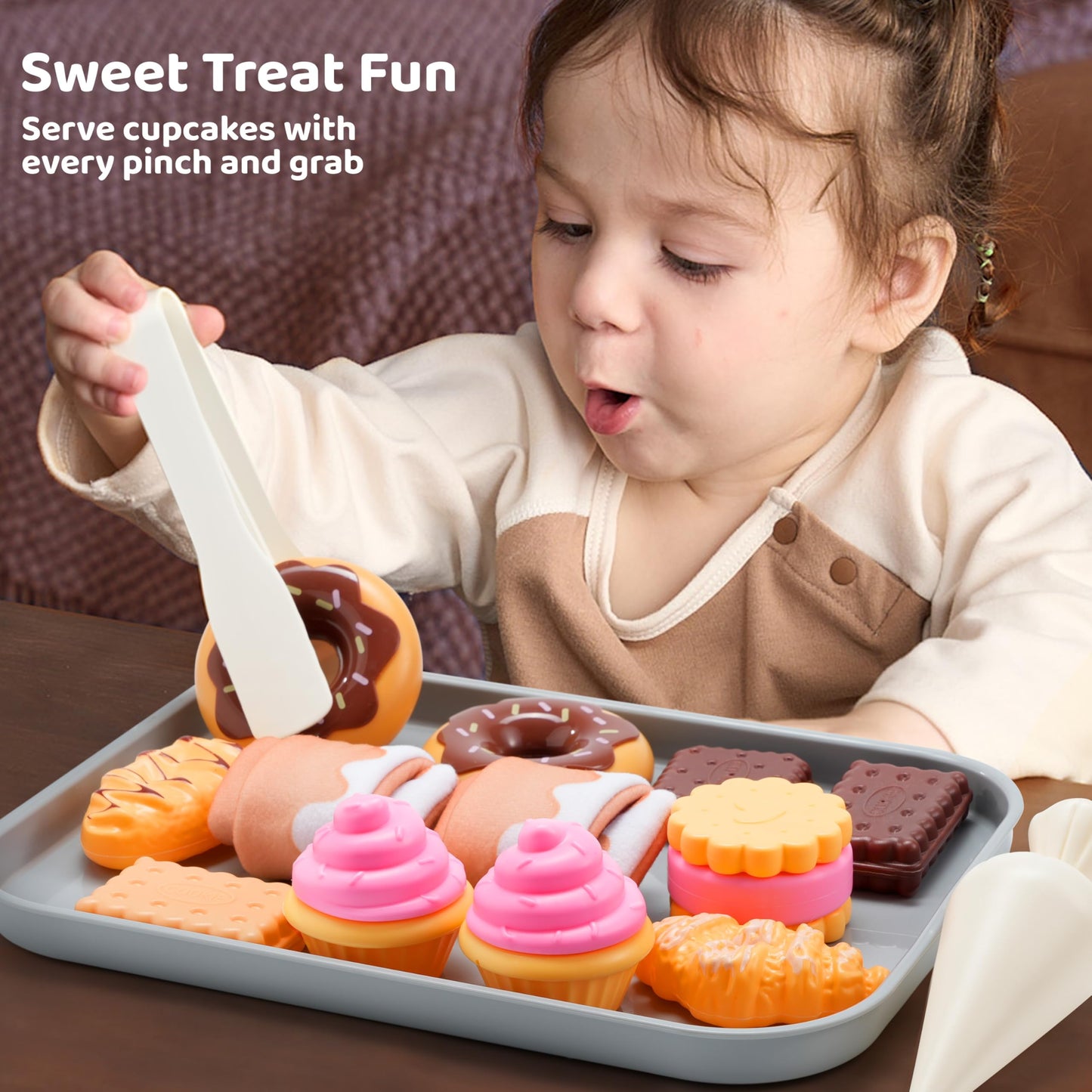 lalalark Cookie Play Food Set, Toddler Pretend Toys, 17 PCS Kitchen Toy Food Sets with Plastic Cookies, Baking Menu, Bakery Tray, and Play Money for Boys and Girls, Birthday Gift for Kids