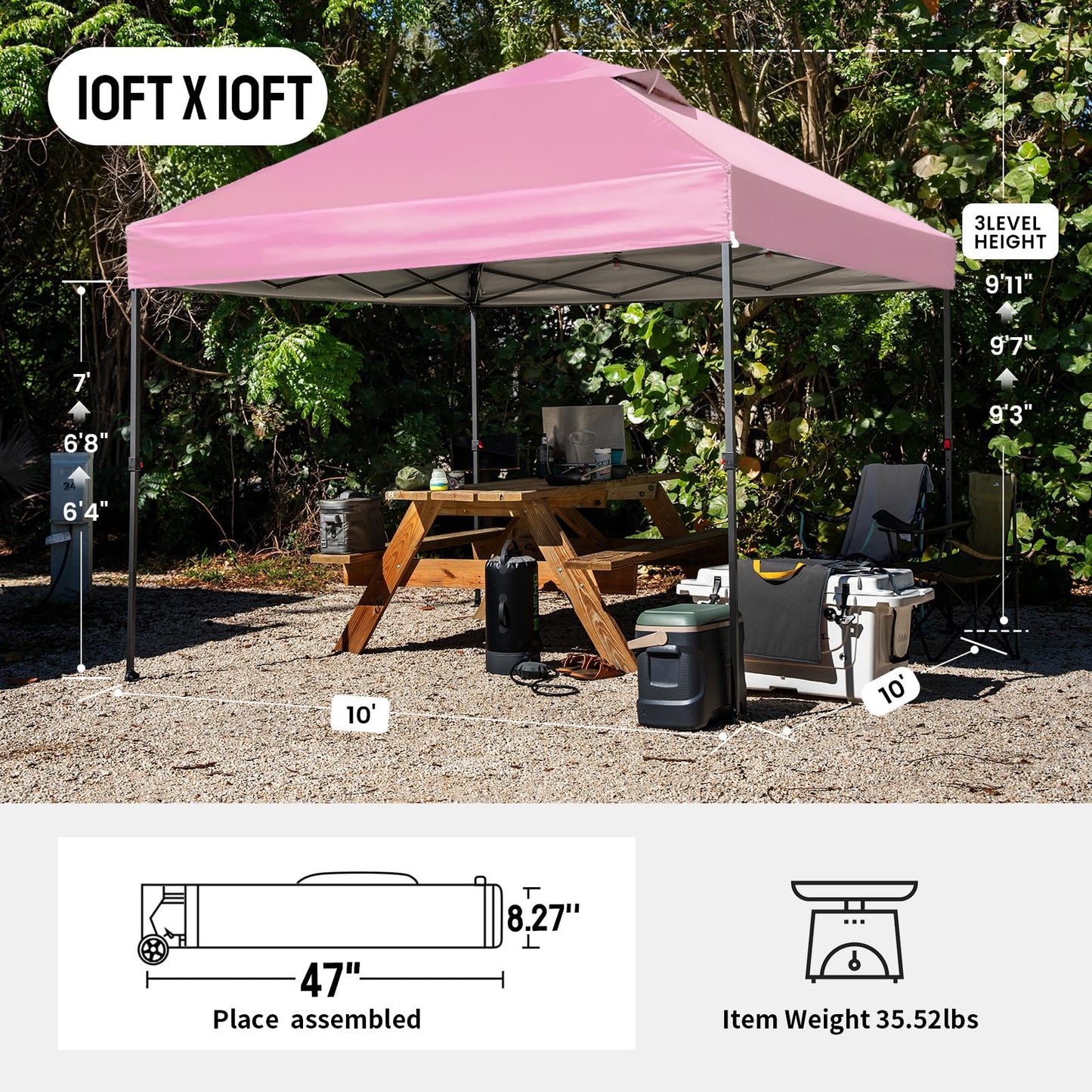 CROWN SHADES 10x10 Pop Up Canopy Tent - Patented Center Lock One Push Instant Outdoor Canopy Beach Tent with STO-N-Go Bag 8 Stakes & 4 Sand Bags,Pink