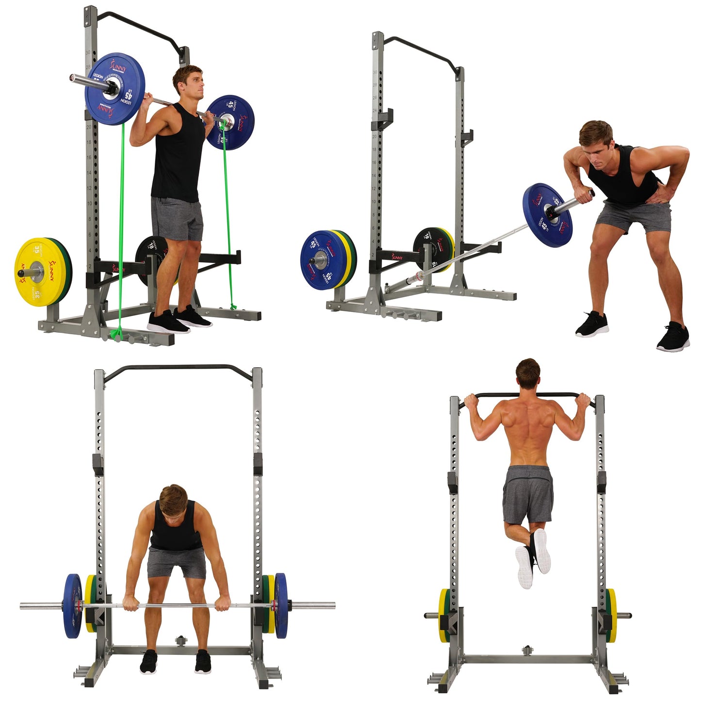 Sunny Health & Fitness Power and Squat Rack with High Weight Capacity, Olympic Weight Plate Storage and 360° Swivel Landmine and Power Band Attachment