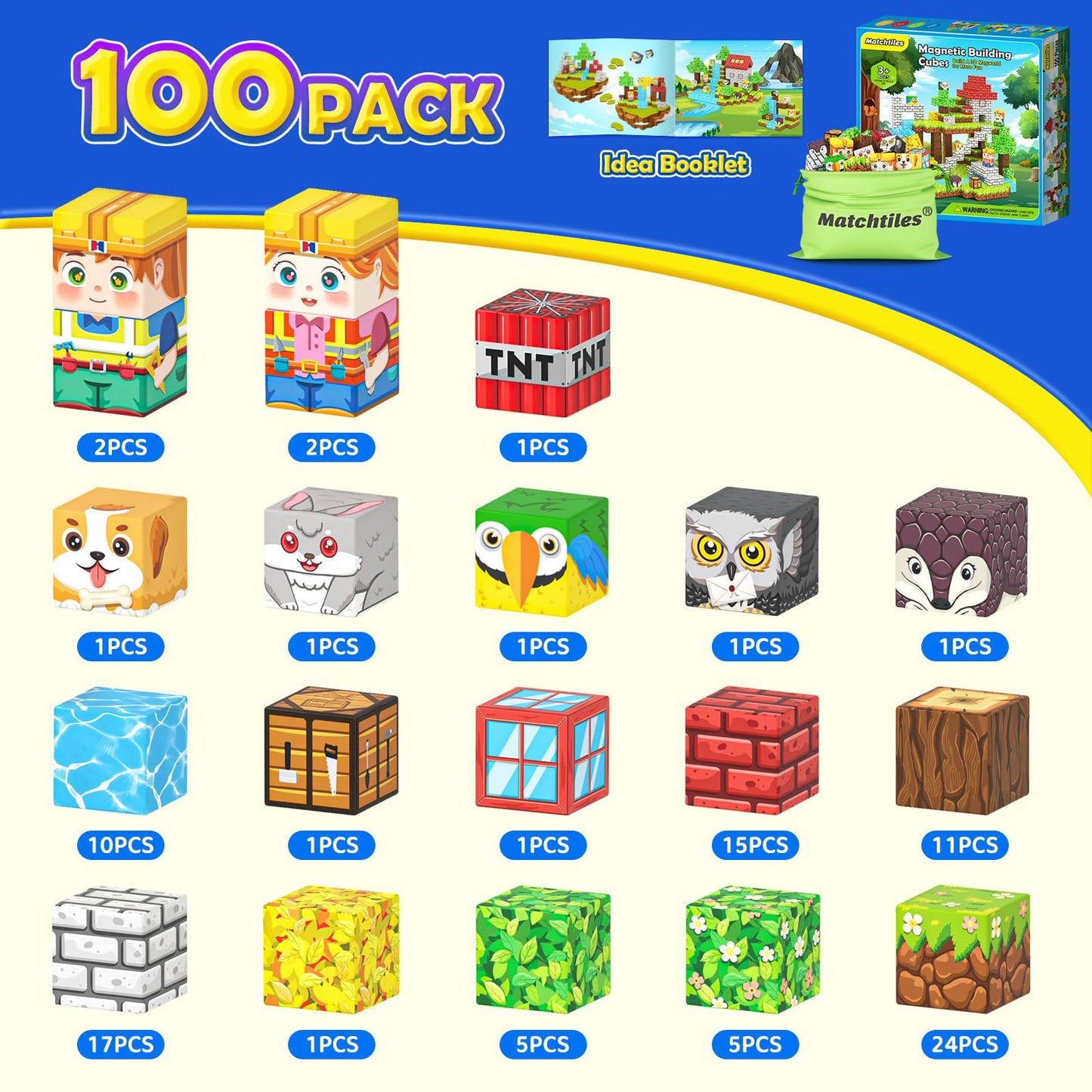 Matchtiles Magnetic Blocks with Animals, Magnetic Building Blocks Magnet Cube Toys Stacking, Build Forest World Set, STEM Montessori Sensory Toys for Gifts (100 Forest Animals)