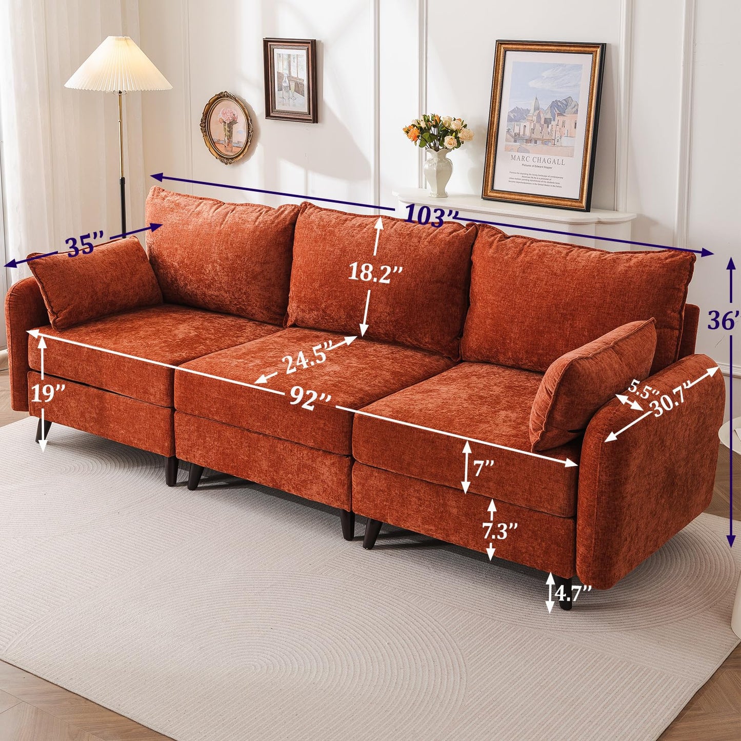 Rexulqo 104'' Modular Sectional Sofa with All Seats Storage,Oversized 3-Seater Comfy Cloud Couches with Deep Seat,Big Couch for Living Room,Bedroom,Velet,Orange