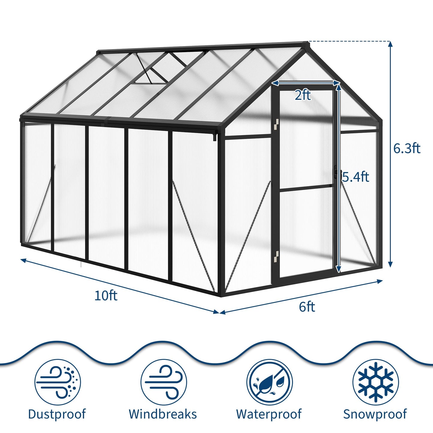 6×10 FT Greenhouse, Large Walk in Greenhouses for Outdoors and Garden Planting, Polycarbonate Greenhouse with Enhanced Aluminum Frame, Green Houses with Quick Setup Structure and Roof Vent, Black