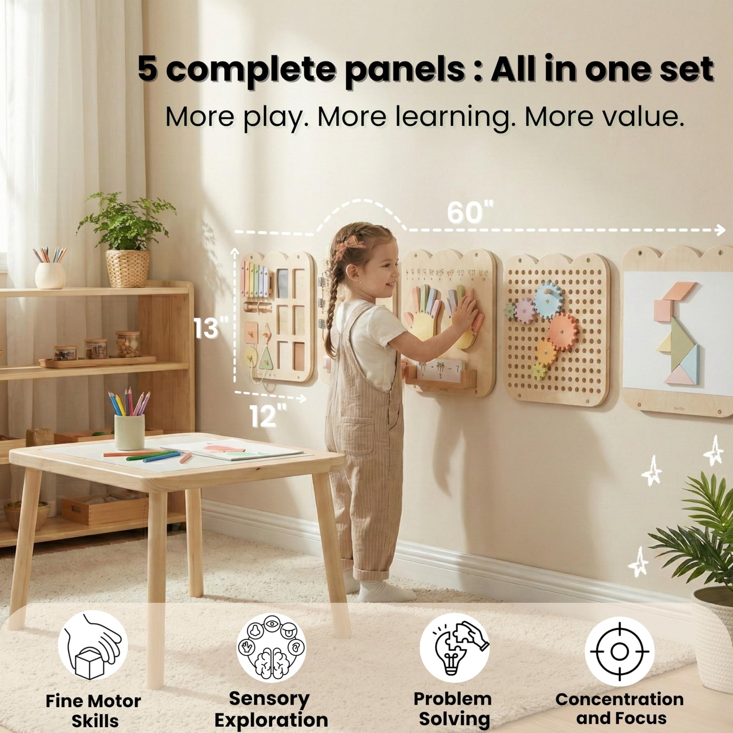 Nurtify 5 Panels, Wall Busy Board for Toddlers 2ā7, 25-in-1 Montessori Wall Activity Board, Wooden Busy Board Wall Mounted, Sensory Wall Panel for Kids, Toddler wall Activity, Large Modular System