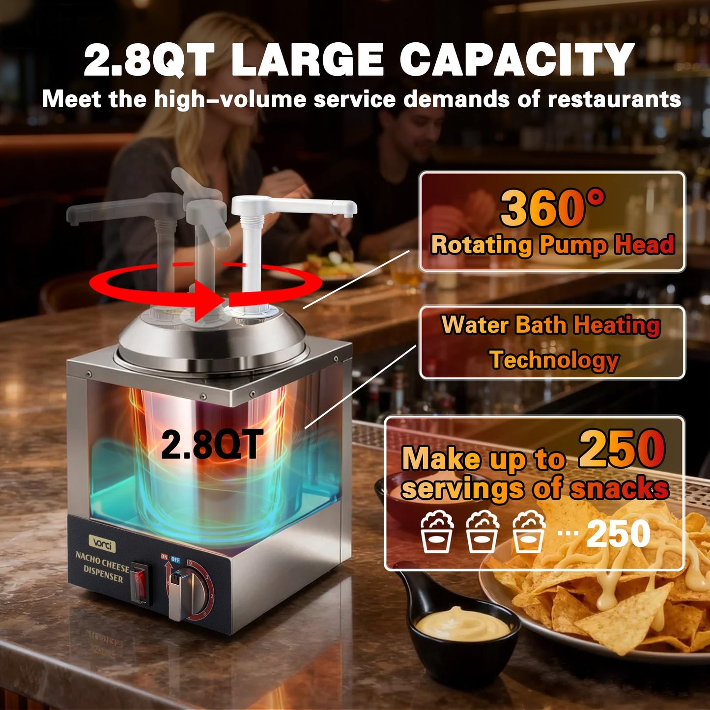 VONCI Nacho Cheese Dispenser, 2.8 Qt(2.5L) Nacho Cheese Warmer with Plastic Pump, Hot Fudge Dispenser with 6-Level Temperature Adjustment, Commercial Cheese Dispenser for Hot Fudge Cheese Caramel
