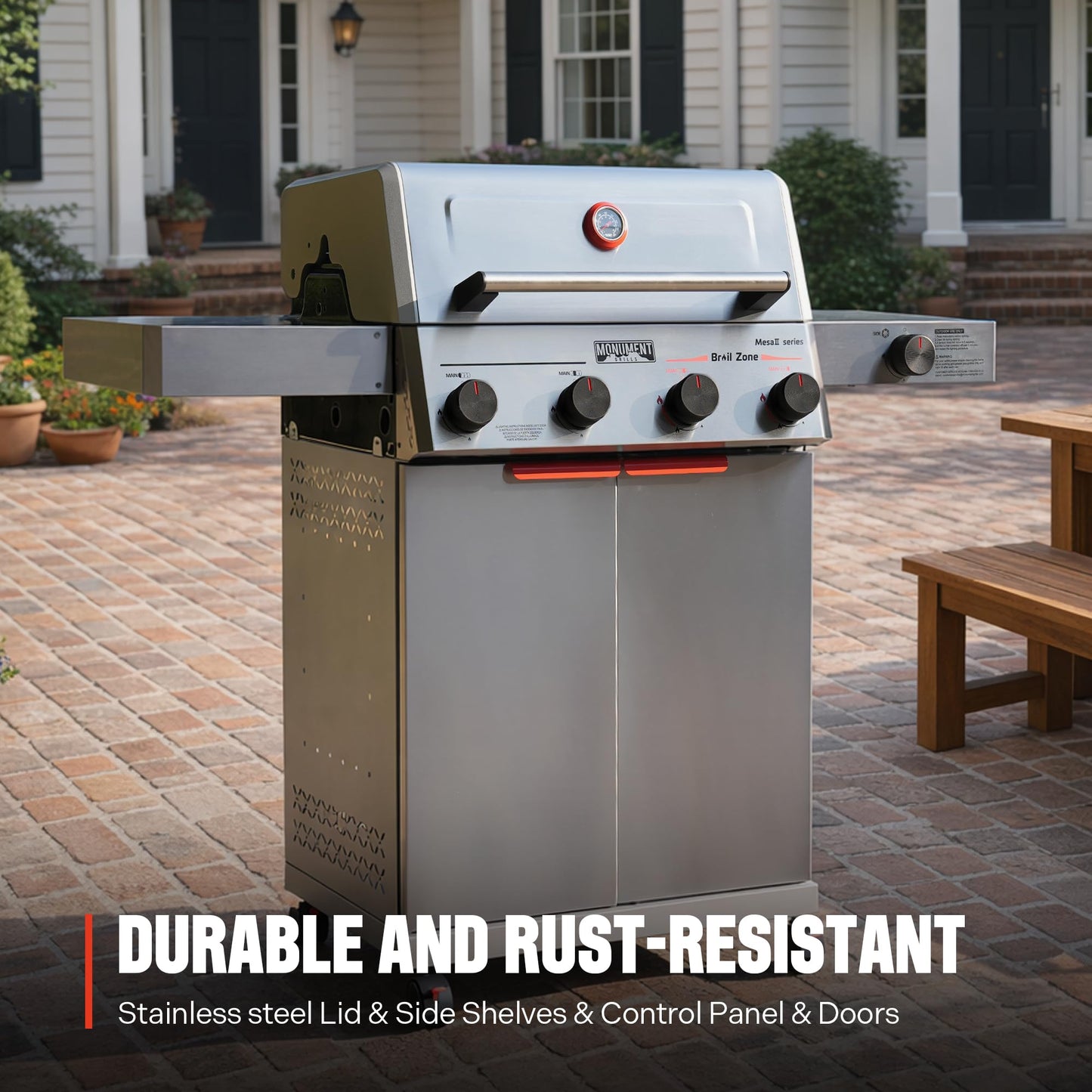 Monument Grills 4+1 Burner Stainless Steel 525 sq.in Propane Gas Grill, 49,000 BTU, Assembles in 30 Mins, Outdoor Mesa 2 Patio Grill with Broil Zone, Side Burner, Foldable Side Shelf, Mesa II 415BZ