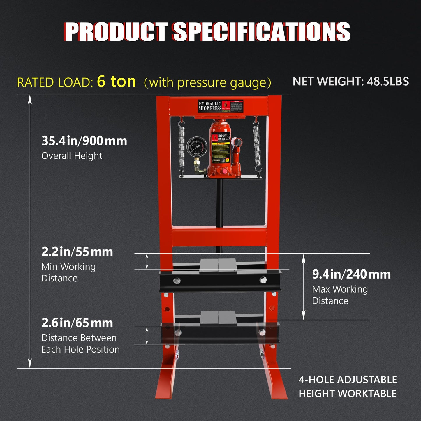 6 Ton Hydraulic Shop Press, H-Frame Garage Floor Adjustable Shop Press with Stamping Plates & Pressure Gauge to Bend, Straighten, Or Press Parts, Install Bearings and U-Joints