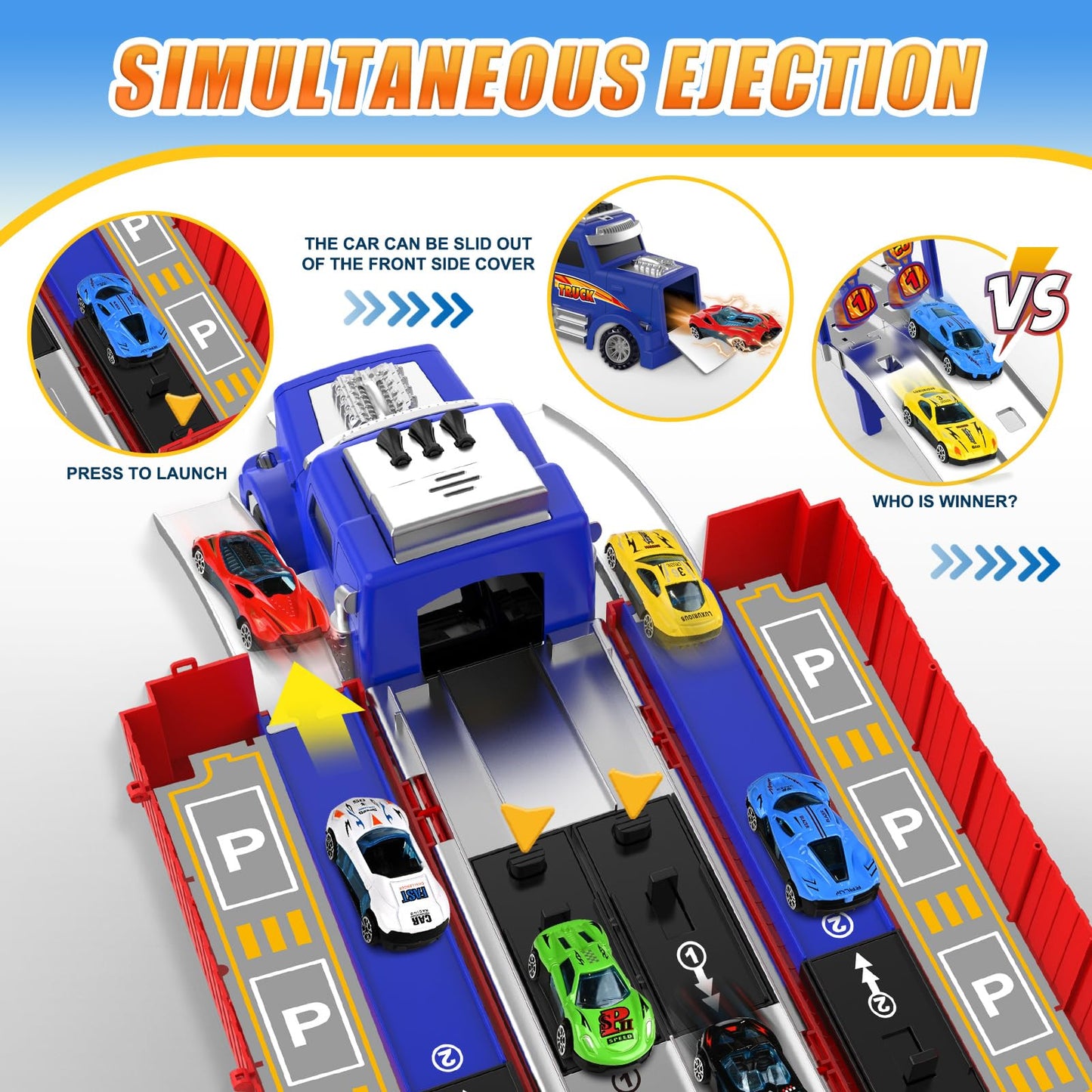 SpringFlower Carrier Truck Race Track Toys, Boy Toys for 3 4 5 6 Years Old Boys with Lights Sounds, Transporter Race Track with 6 Die-Cast Car, Vehicle Toy for Kids Birthday Gifts