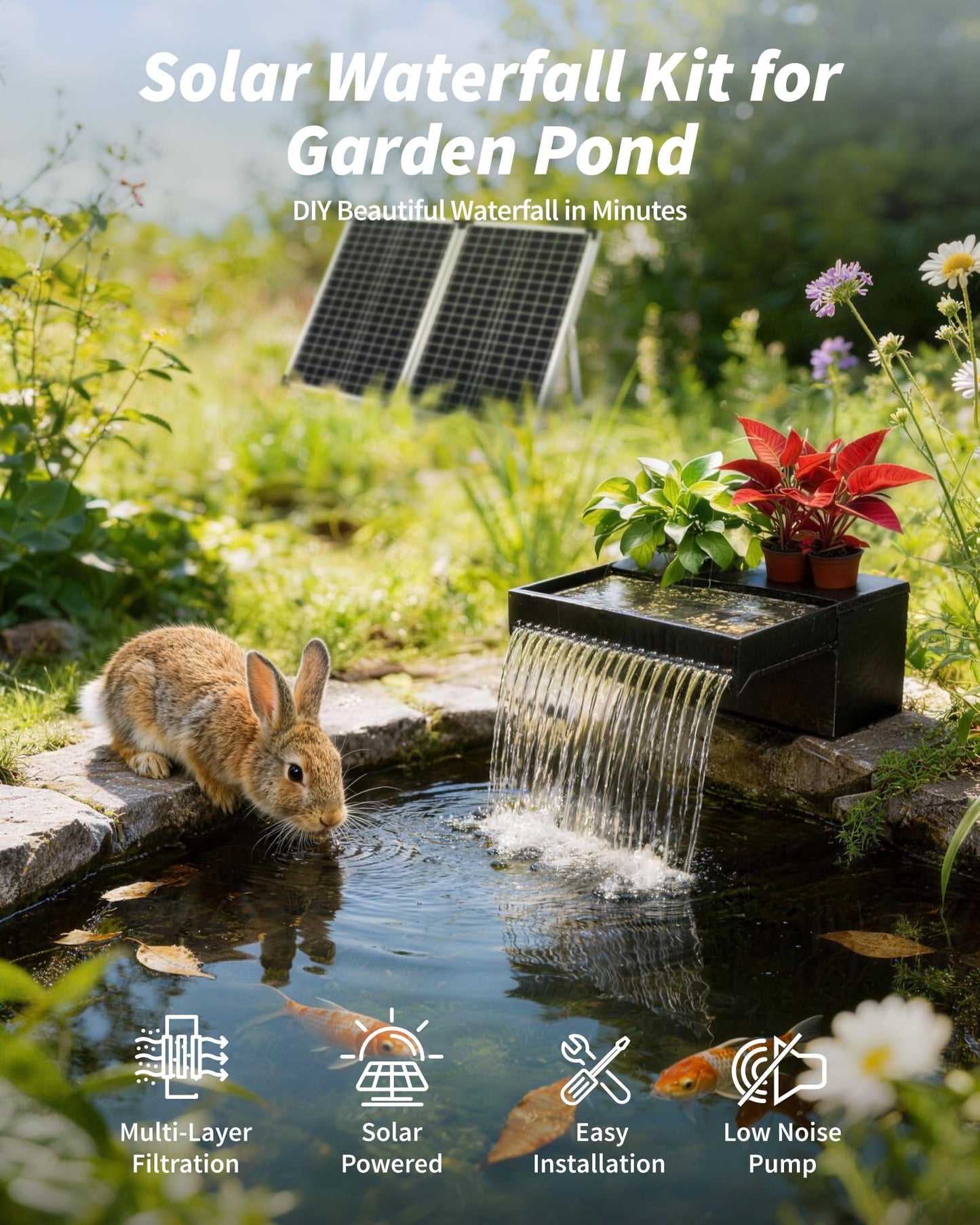 POPOSOAP 55W Solar Pond Waterfall Spillway with Fountain Pump, 304 Stainless Steel & Filtration System Pond Waterfall, 9.8FT Tubing for Koi Ponds, Garden Fountains & Landscape Water Features-P5552S