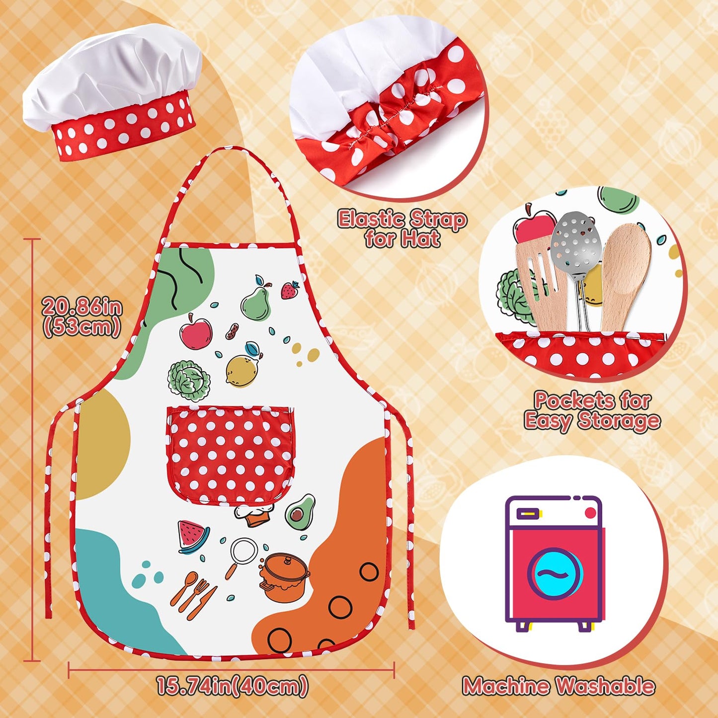 Play Kitchen Accessories, Large Stainless Steel Toddler Cooking Set, Kids Kitchen Playset with Cutting Play Food, Condiments, Chef Apron & Hat, Service Bell, Toy Food with 2 Baskets, Boys Girls Gifts.
