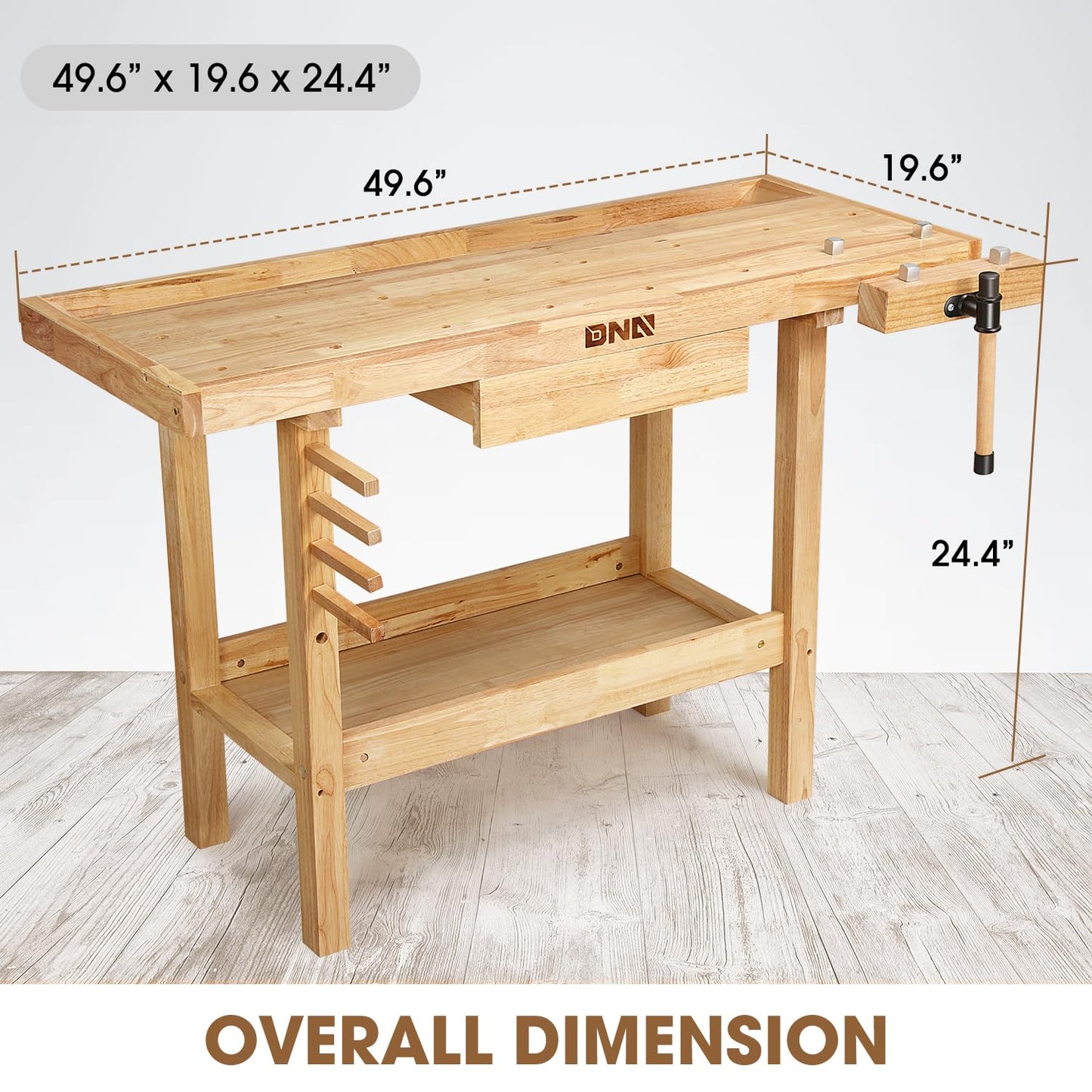 DNA Motoring Heavy Duty Wood Workbench, Wooden Workbench with Drawer for Workshop, Garage, W/Adjustable Handle, TOOLS-00520