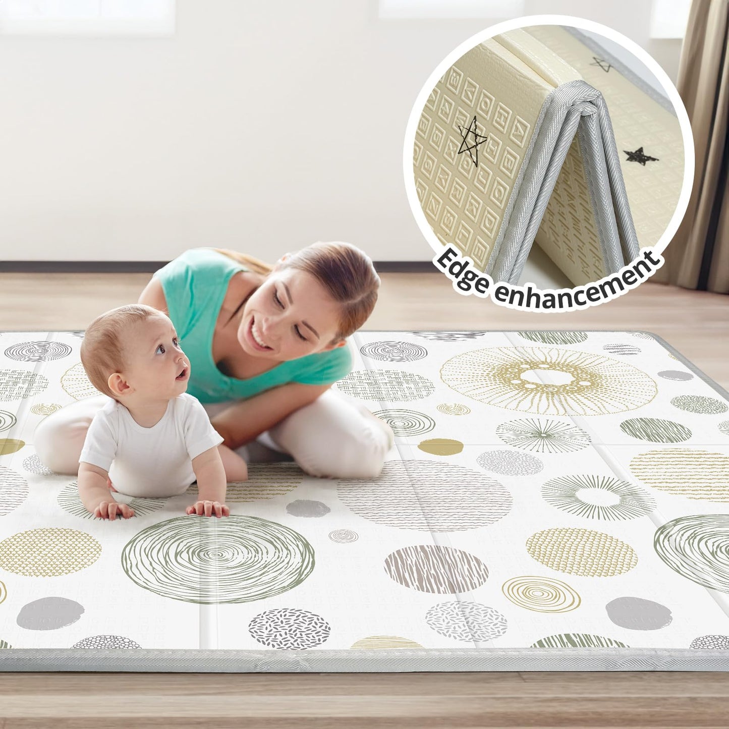Foldable Baby Play Mat, PIGLOG 50x50 Playpen Mat, Safe Foam Playmat for Tummy Time, Waterproof Playmats for Babies and Toddlers Kids, Reversible Portable Floor Mat for Infant, Circles + Stripes