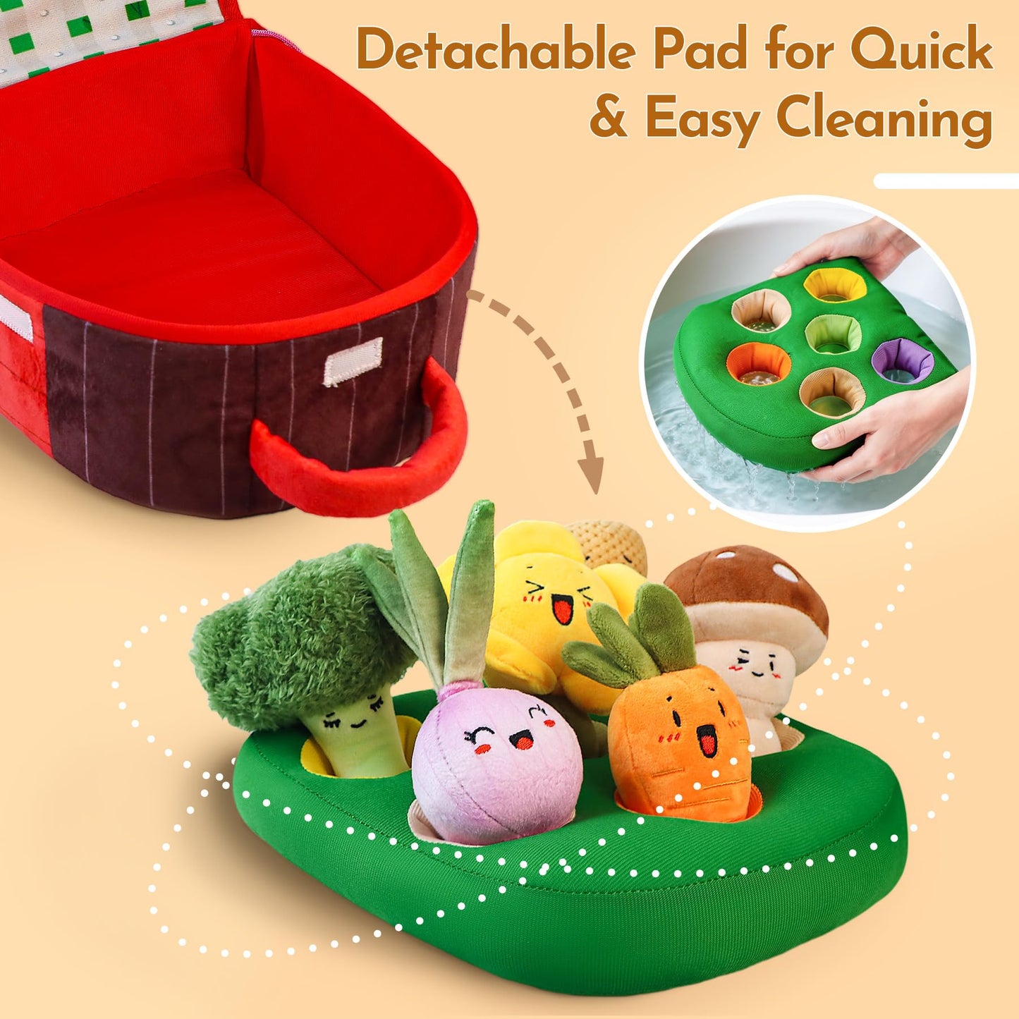 Teekdeer Baby Toys 6-12 Months, Farm Vegetable Garden Plush Toy with Animal Finger Puppets, 6 Month Old Montessori Sensory Toys with Rattles, Mirror, Squeaker, Textures, Teether, Easter Boy Girl Gifts
