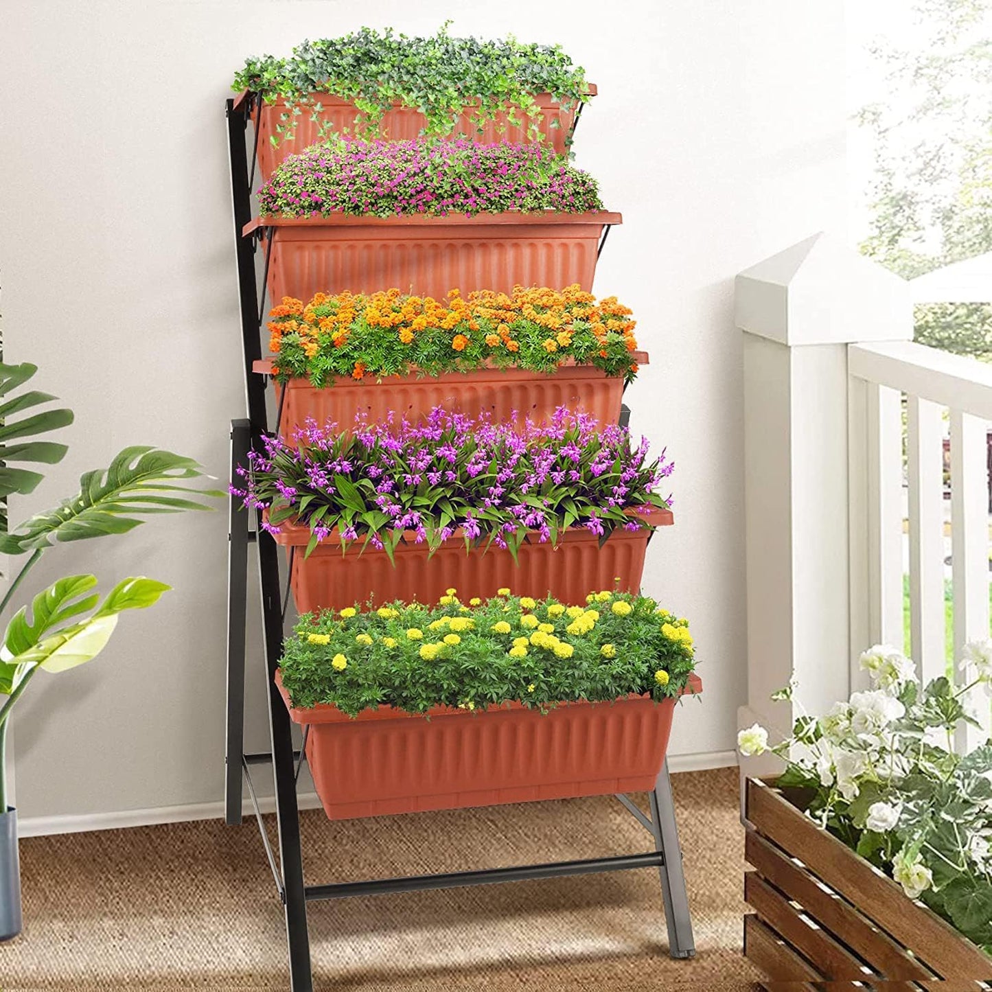 SEJOV 2 Pack Vertical Raised Garden Bed, 5 Tiers Elevated Planter Box for Herbs Vegetables Flowers, Graden Vertical Planter w/Drainage System for Patio Balcony Garden Outdoor Indoor Plants, Dark Red