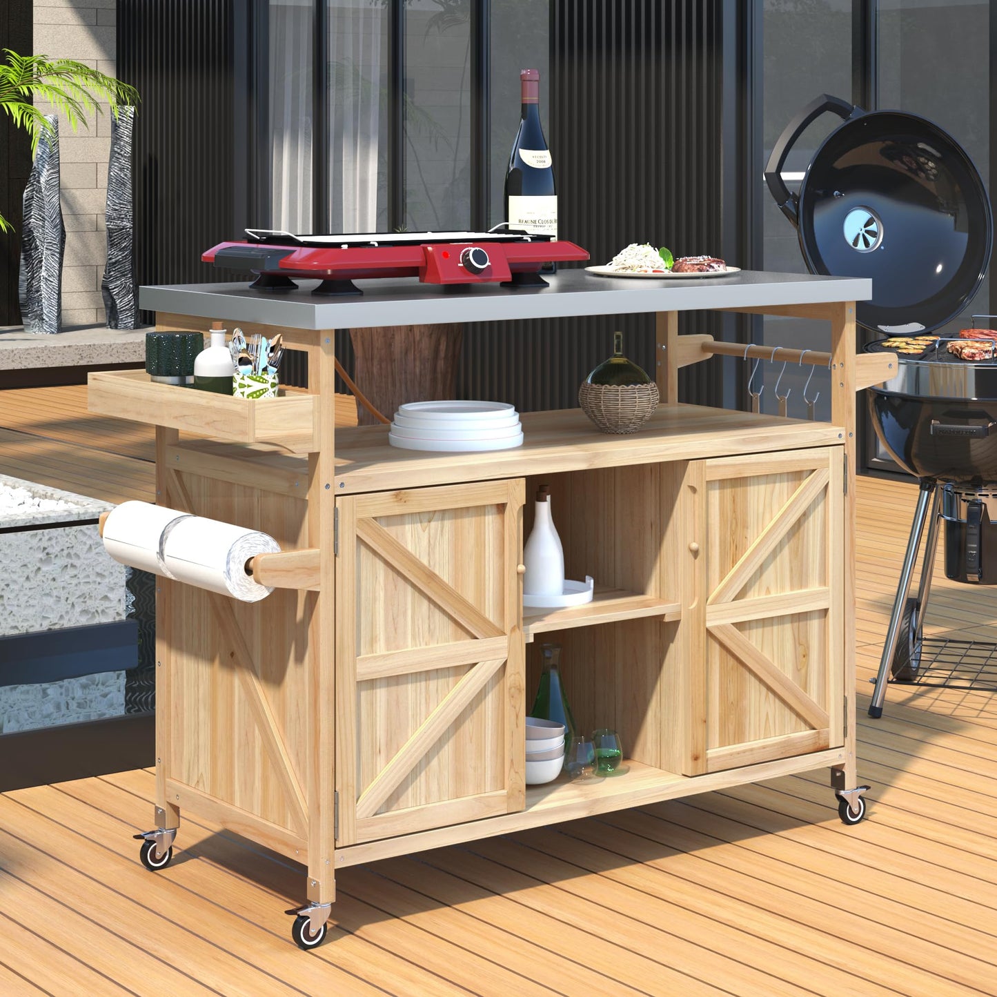 Ball & Cast Outdoor Kitchen Island,Rolling Bar Cart & Storage Cabinet,Farmhouse Solid Wood Outdoor Grill Table with Stainless Steel Top,Spice and Towel Rack,for Kitchen,Barbecue,Natural,50.25"