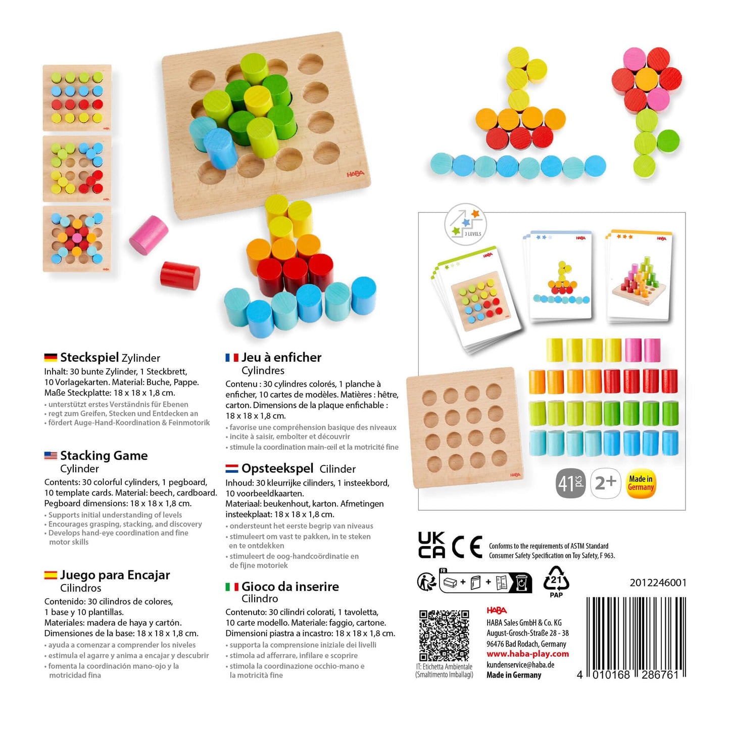 HABA Rainbow Risers Wooden Stacking Game: Montessori Toys for 2 Year Old & Up, Shape Sorter & Wooden Pegboard Preschool Learning Toys with Challenge Cards
