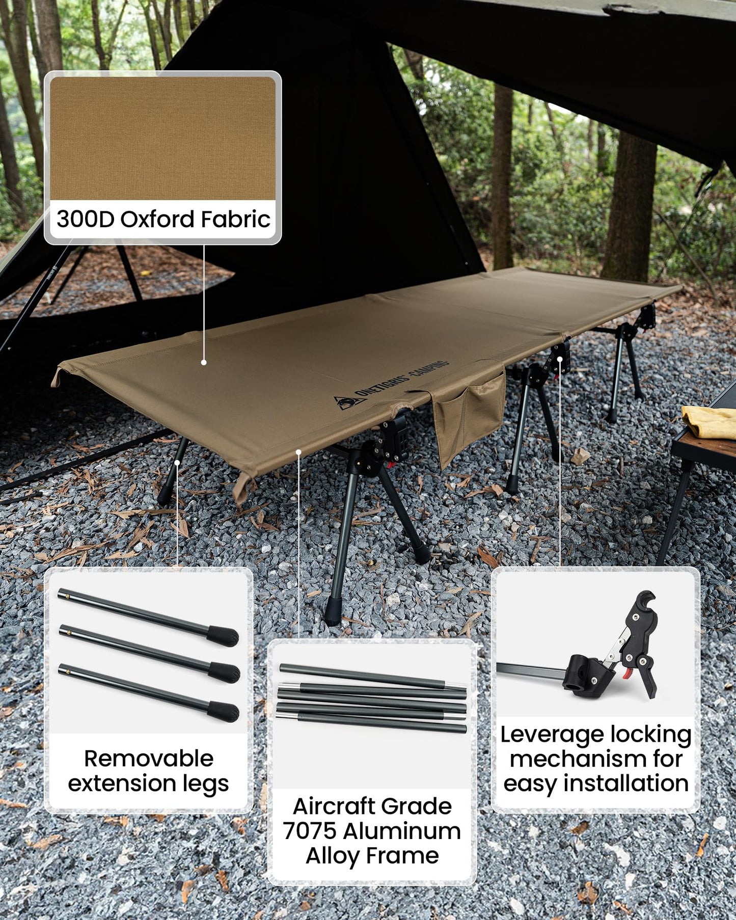 ONETIGRIS SUPRANUBIS Camping Cot, Height Adjustable with Cot Leg Extenders, Strong Support 330lbs, Lightweight Comfortable Folding Bed for Camping, Hiking, Travel, Truck, Beach, Office Nap