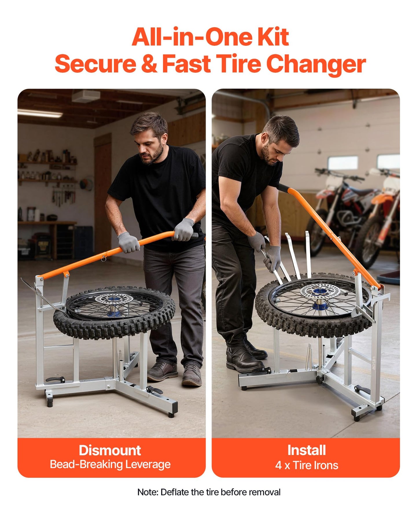 VEVOR Dirt Bike and Dual Sport Tire Changer, Fits for 16"-21" Wheels, 15/17/20/25 mm Axles, Heavy Duty Dirt Bike Tire Changing Tool Kit with Bead Breaker, Irons, Protective Sleeves, and Storage Bag