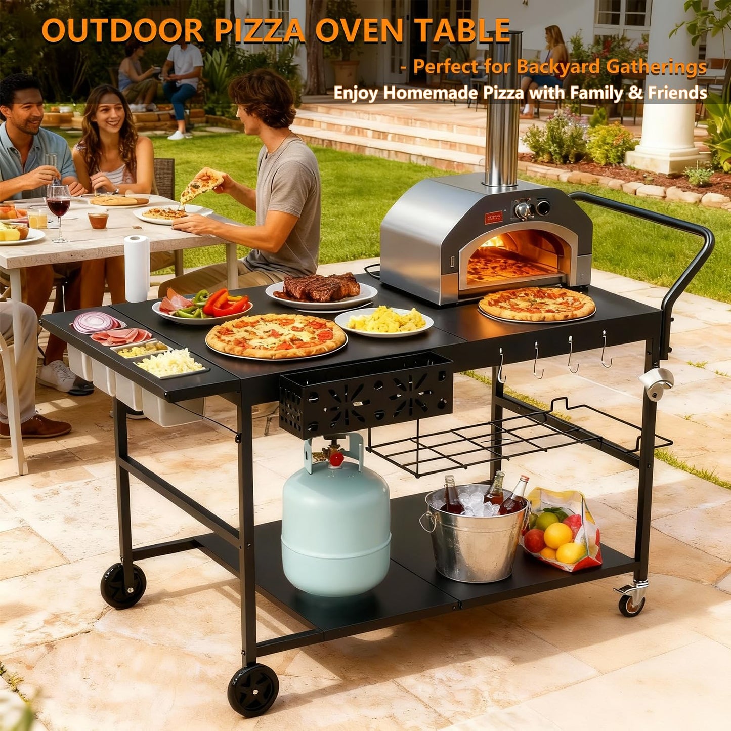 Lezbanz Pizza Oven Table with Topping Station, Outdoor Pizza Oven Cart, Grill Cart Table for Blackstone Griddle, Pizza Prep Station with Storage & Seasoning Tray, for Ninja, Cuisinart, Gozney