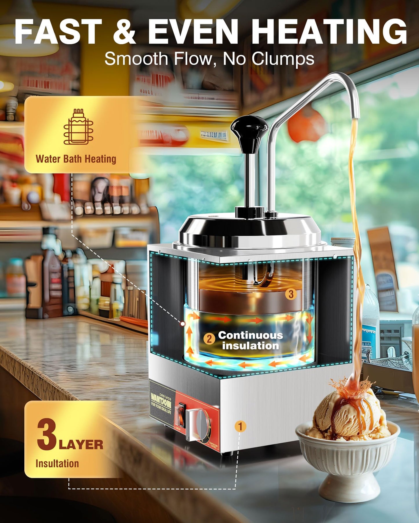 WantJoin Nacho Cheese Dispenser with Pump - 2.8Qt Cheese w/Warmer Stainless Steel Pump Hot Fudge Warmer 86-185°F Temperature Control, Commercial Nacho Cheese Warmer Dispenser for Hot Fudge Caramel