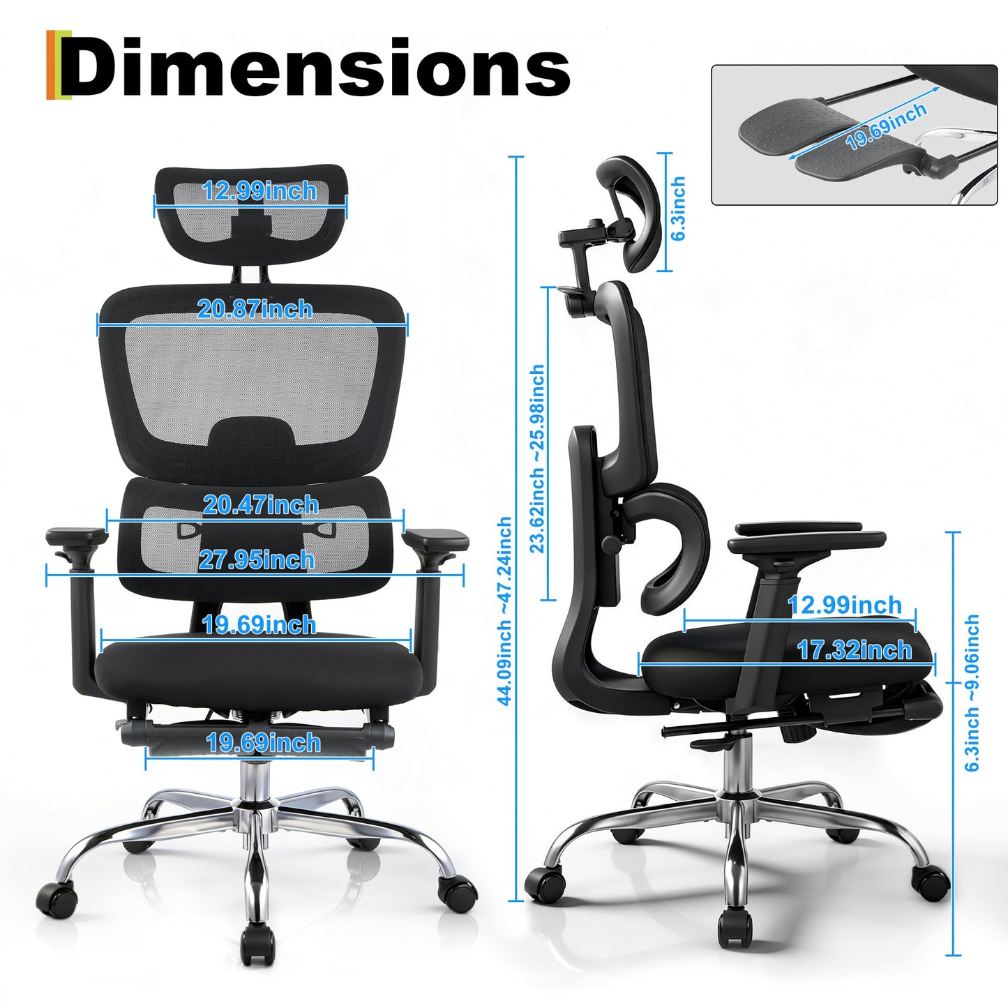 Ergonomic Mesh Office Chair, Adjustable Lumbar High Back Desk Chair 300lbs, 4D Flip-Up Arms, 3-Level Tilt Backrest, 3D Headrest, PU Wheels, Swivel Rolling Computer Seating for Long Desk Work