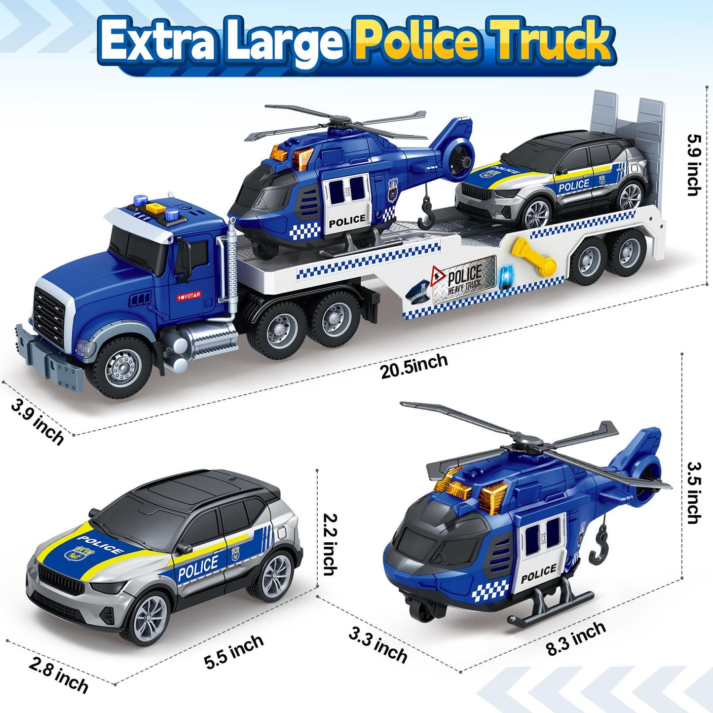 SpringFlower 21" Semi Truck Toy, 3 4 5 6 Year Old Boys Toddlers Police Truck Toy with Racing Car and Helicopter, 3 in 1 Police Car Toy, Birthday Gifts for Kids Child 3 4 5 6 Years Old