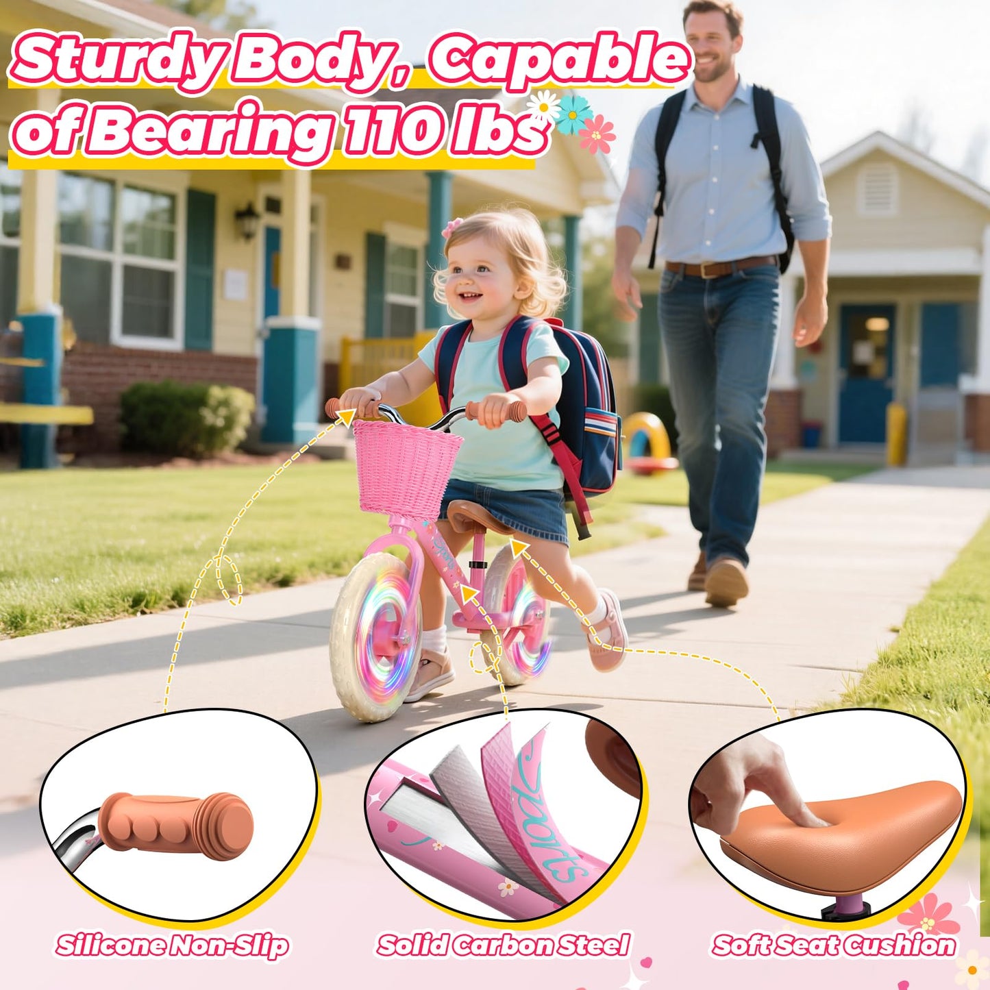 Adjustable Toddler Balance Bike for 2-5 Years Old,Kids Balance Bike with Basket,Kids Bicycle for 2 3 4 5 Years Old Girl Birthday Christmas Toy Gift,Soft Seat & Handlebar,Puncture-Proof LED Tire,Pink