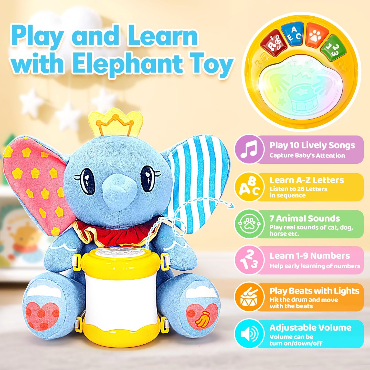 Hodurgyi Baby Toys 6-12 Months, Elephant Musical Plush with Lights, ABCs, Animal Sounds, Numbers, Infant Early Learning Toy,Christmas Birthday Gifts for 6+ Month Boys &Girls