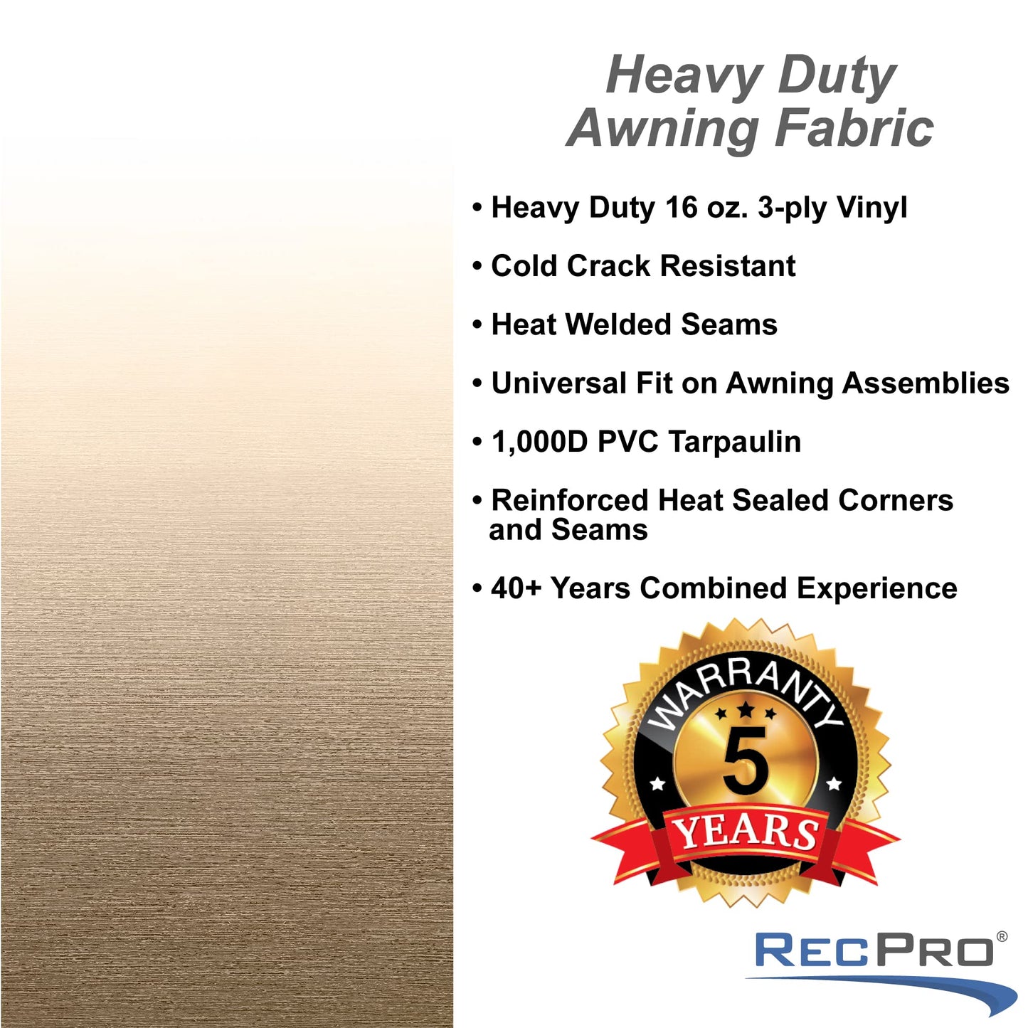 RecPro RV Awning Fabric Replacement 20 Foot Camper Awning | Tan | Width Size Options | 8' (96") Length | Heat Sealed | 3 Year Warranty (20 Feet, Actual 19' 1")