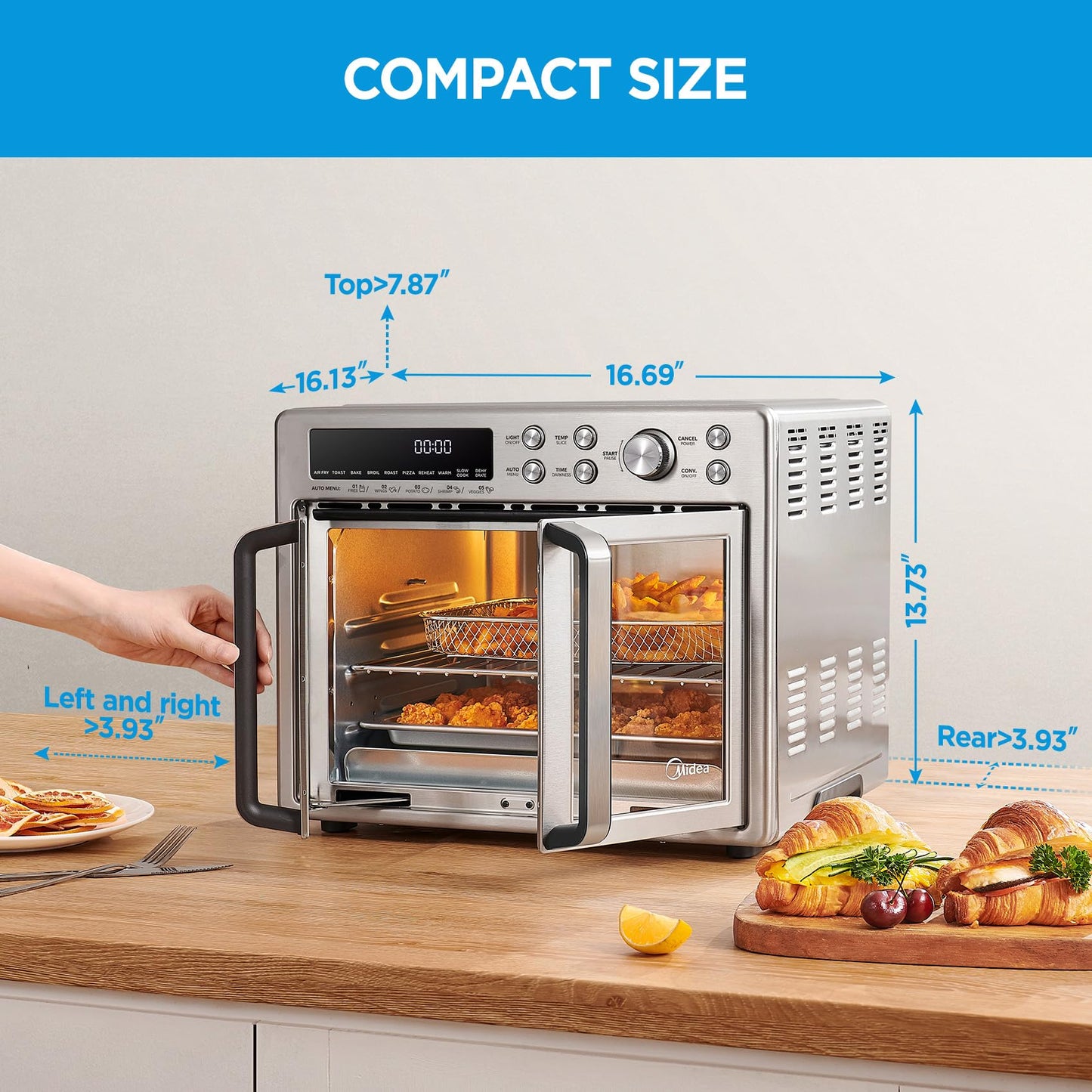 Midea Flexify French Door Toaster Oven Air Fryer Combo, 26.4 QT, Extra Large Air Fryer Countertop Oven 10-in-1 Combo, 25% Faster Cooking and 90% Less Oil, Stainless Steel