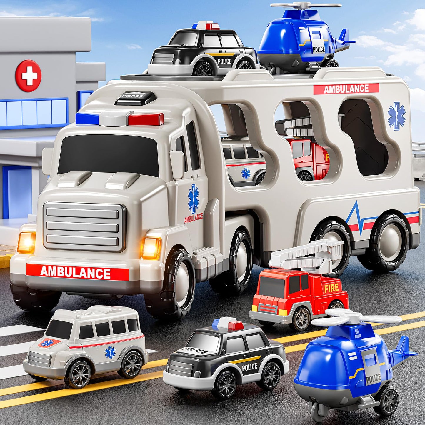 JUKUDAHU 5-in 1 Play Ambulance Toy Vehicle Toddler Truck Toys for 3 4 5 6 7 Year Old Boys - Friction Powered Cars with Light and Sound, Police Car, Fire Truck, Ambulance Car, Birthday Gifts for Kids
