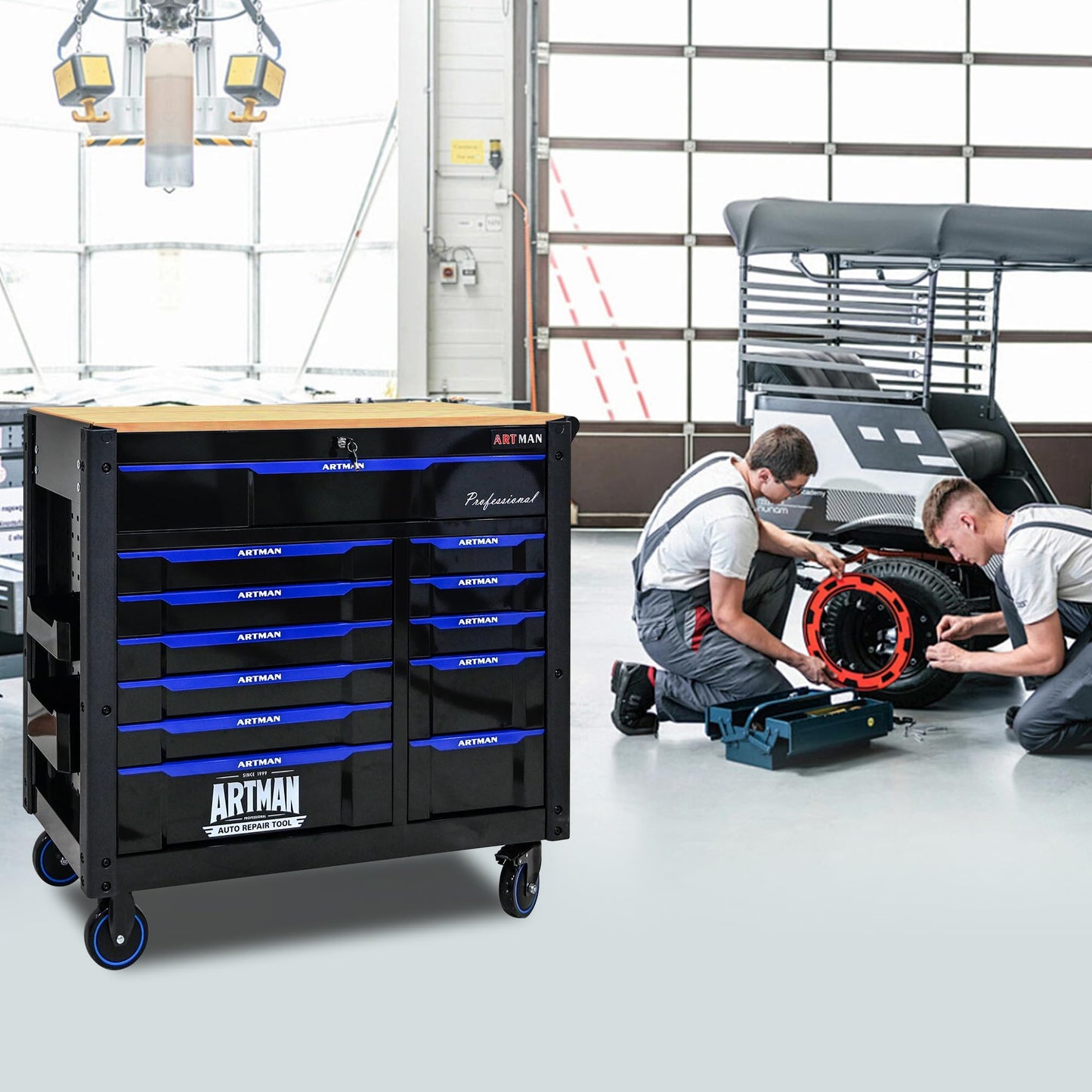 WTRAVEL Heavy Duty Rolling Tool Chest with 12-Drawer Tool Cart Mechanic Tool Box with Wheels Tool Storage Cabinet Mobile Workbench Tool Bench for Garage, Workshop, Warehouse, Repair Shop, Wood Top