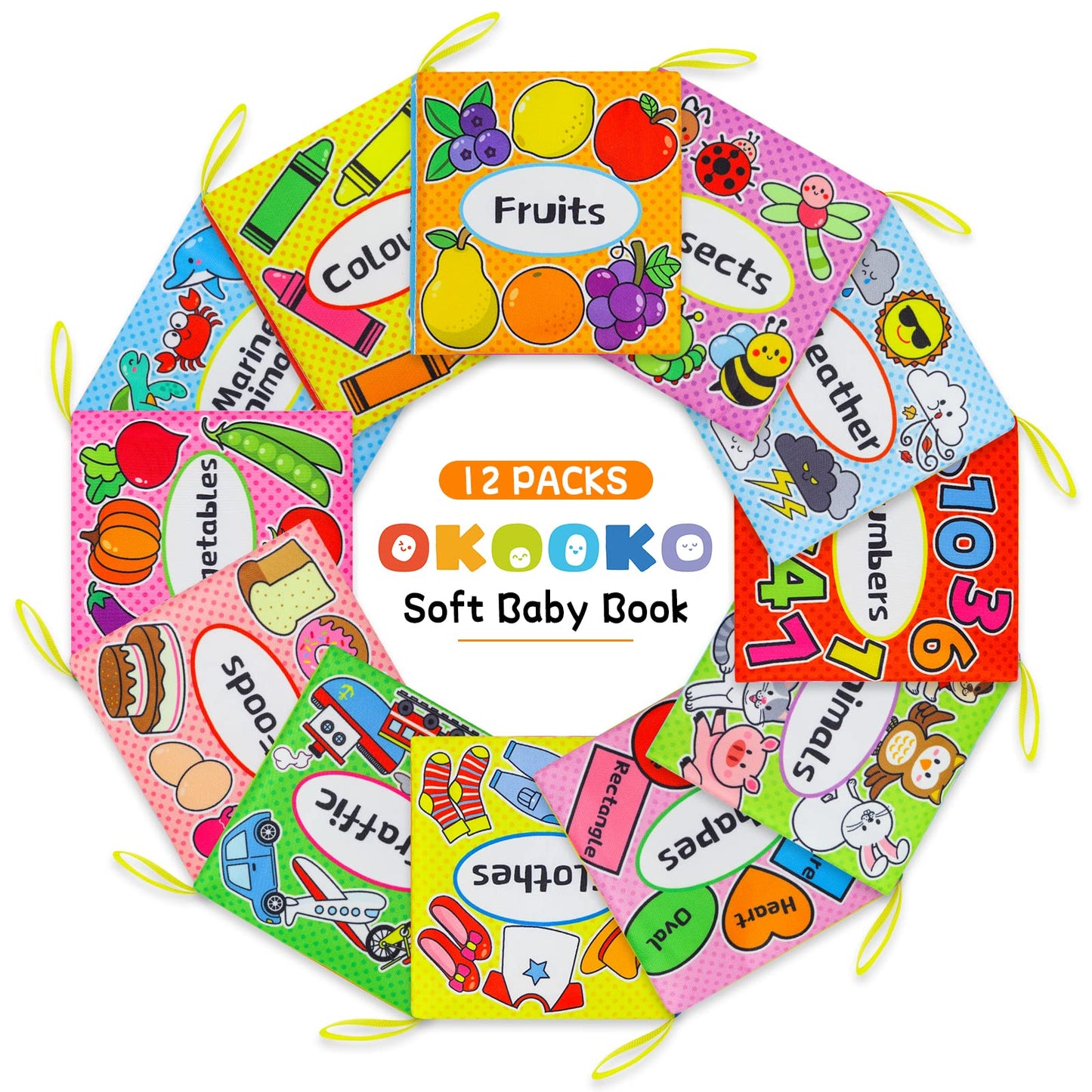 OKOOKO 12PCS Soft Baby Books, Soft Cloth Books, Bath Toys, Crinkle Washable Non-Toxic Early Education Preschool Learning Toy for Newborns Babies Infants Toddlers Kids