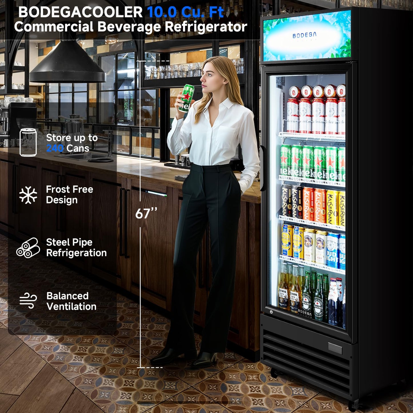 BODEGACOOLER Beverage Refrigerator and Cooler, 10.0 Cu.Ft. Commercial Refrigerator For Home & Kitchen, Office and Garage, Display Refrigerator with Adjustable Shelves and LED Light For Beer, Soda.